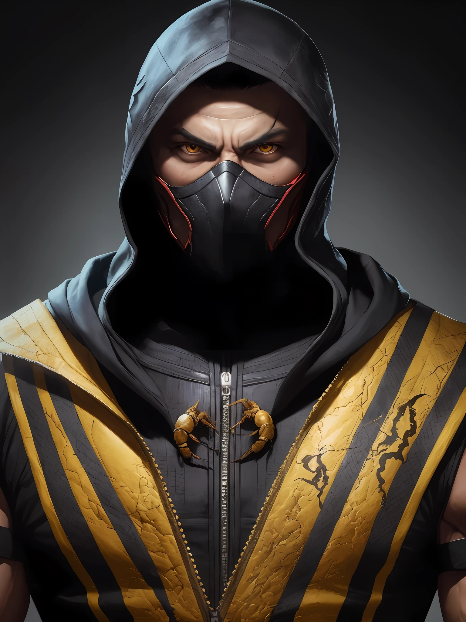 a portrait, scorpion from mortal kombat, detailed white eyes, bladk anc yellow armor, hood, veins on his arm, Intricate, High Detail, Sharp focus, dramatic, photorealistic painting art by greg rutkowski