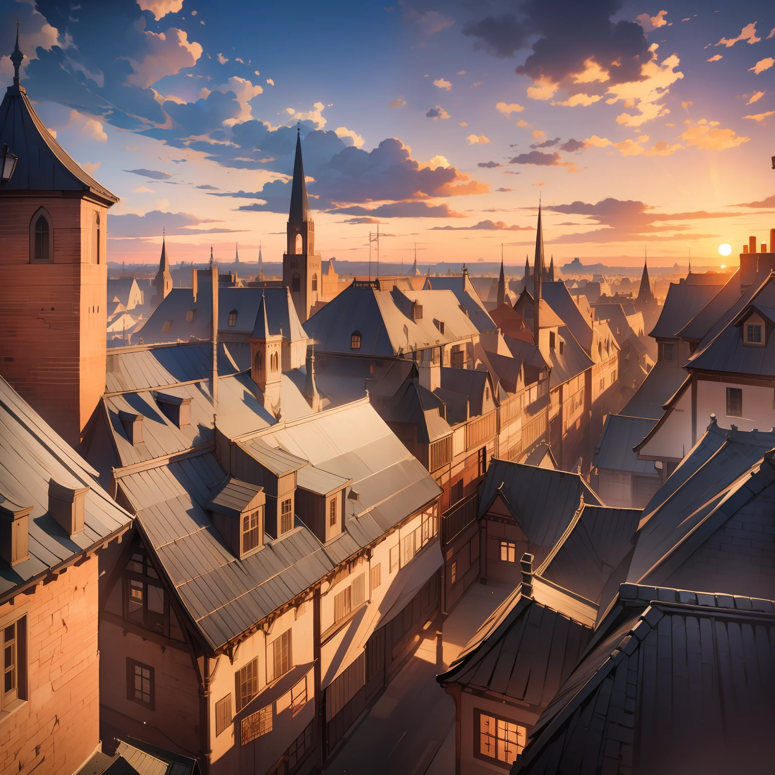 Medieval cityscape with wooden houses、Complex back alleys、at the sunset、masterpiece、cinematlic lighting、top-quality、Top image quality