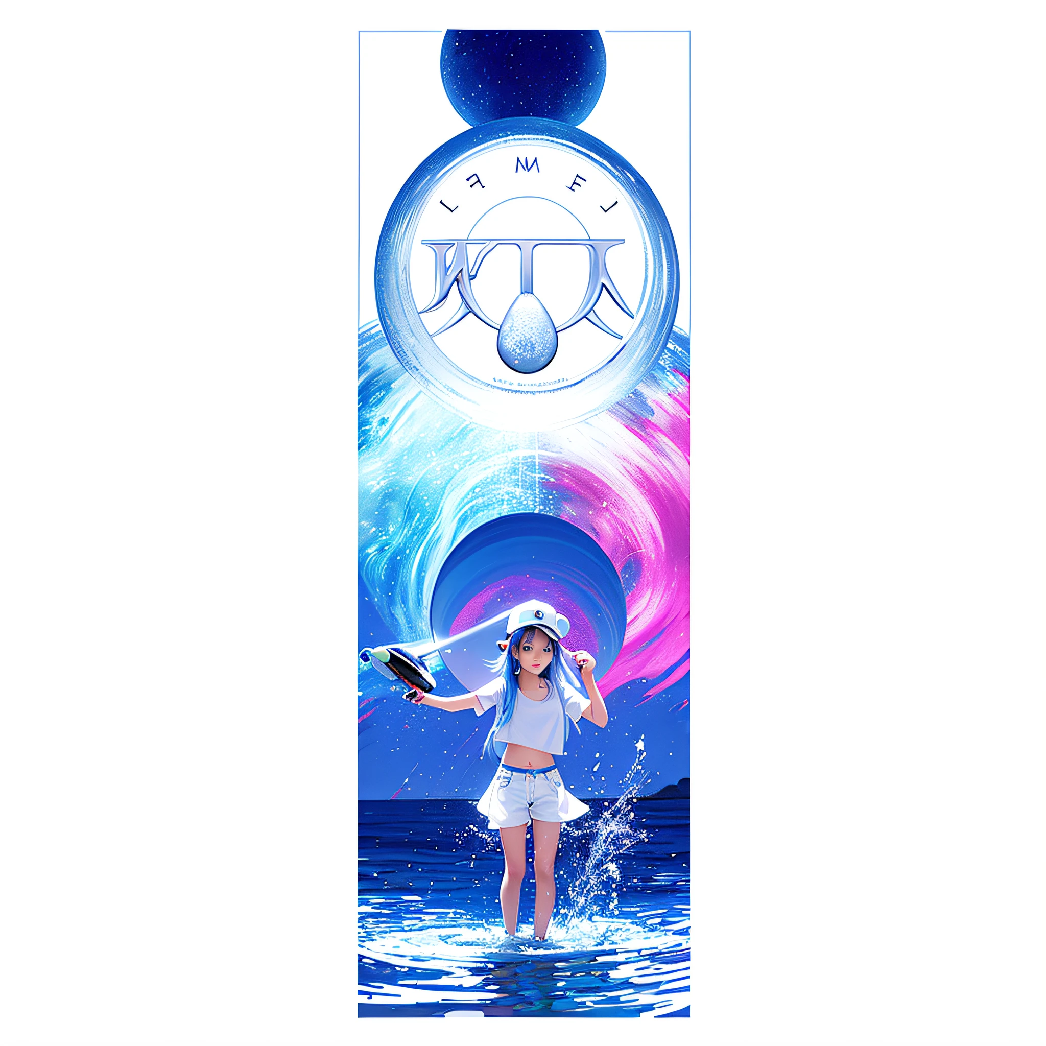 1 girl,White and tender skin,Blue hair,long whitr hair,largeeyes,There is light in the eyes,Perfect figure,prette,ssmile,White baseball cap,whitet-shirt,Pink light,peaches,shorter pants,denim short,Holding a drink bottle in his hand,pulsating,Eau,stood in the water,water,water bloom,8K,poster for,MagazineCover
