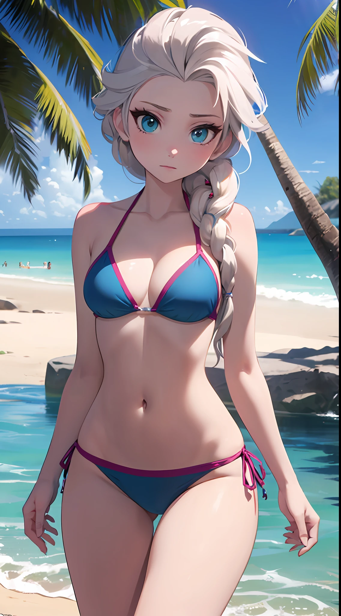 Elsa de Frozen posando sexy en bikini, beach behind, small waist, piernas largas