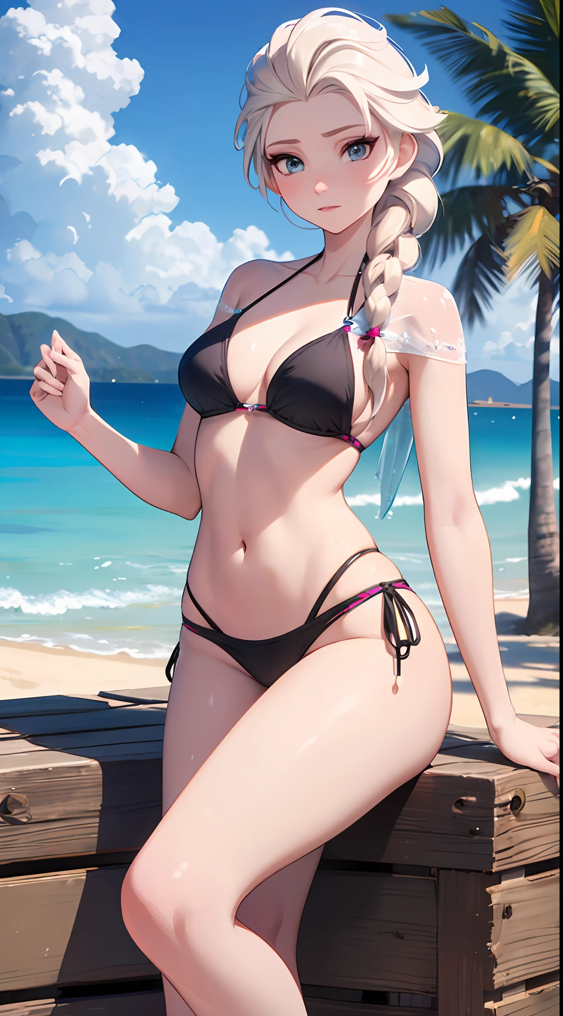 Elsa de Frozen posando sexy en bikini, beach behind, small waist, piernas largas