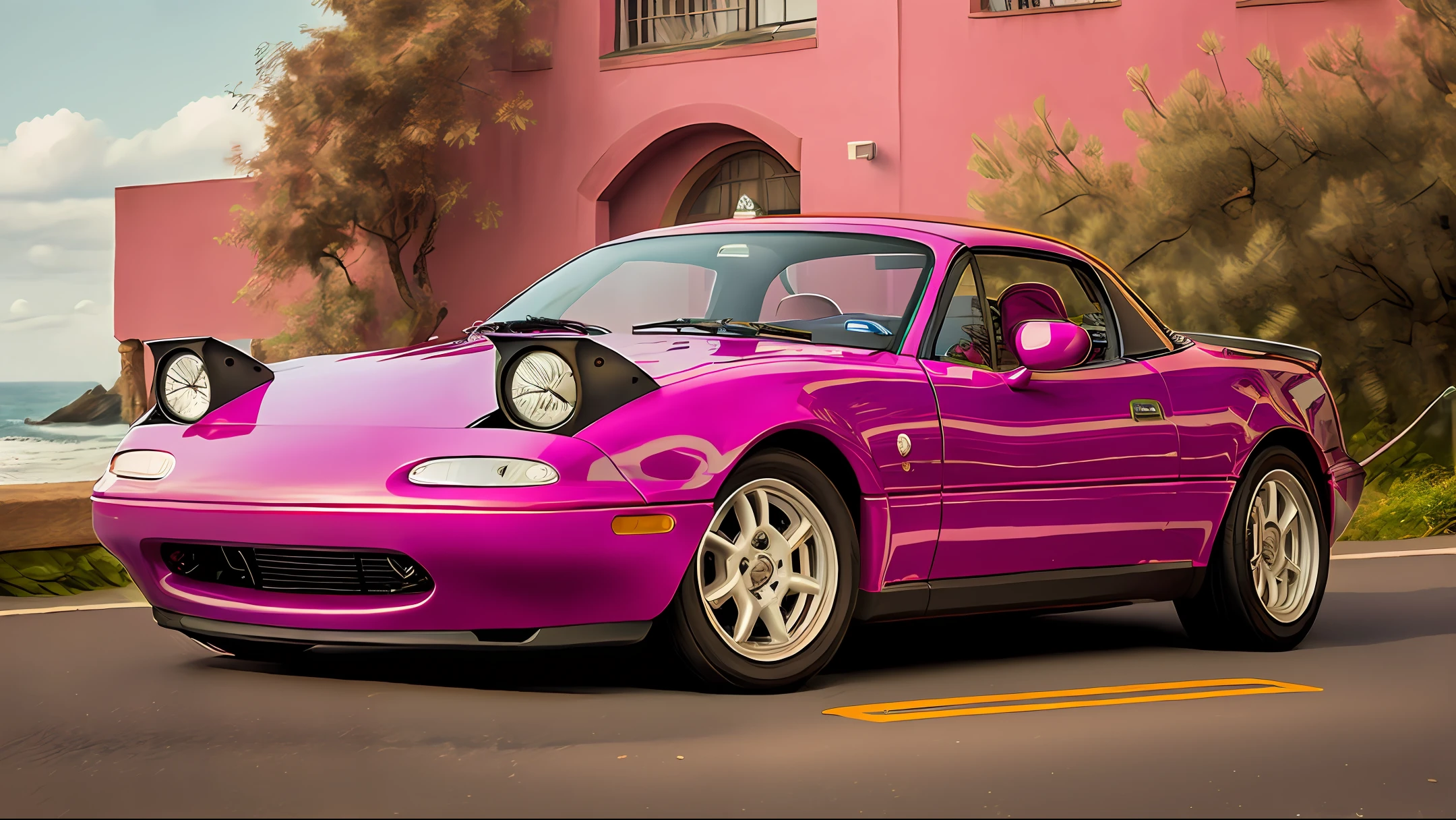 Prompt:
/imagine prompt: Cruise in style with Barbie's glamorous car. The sleek vehicle shines with a glossy pink exterior, accented by chrome details that catch the sunlight. Its aerodynamic design exudes elegance and sophistication, featuring sweeping curves and a streamlined silhouette. The car's windows are tinted for privacy, adding a touch of allure. The interior is a luxurious haven, with plush pink leather seats adorned with diamond-stitched patterns. The dashboard is adorned with state-of-the-art technology, including a touch-screen display and a navigation system. The steering wheel is wrapped in pink leather, exuding a sense of glamour. The car's trunk offers ample space to store Barbie's essentials for her exciting adventures. The scene is set against a scenic backdrop, with a winding coastal road stretching into the distance, inviting Barbie to embark on thrilling journeys. The atmosphere is filled with a sense of adventure, freedom, and boundless fun. This image will be a detailed illustration, capturing the car's exquisite details, vibrant colors, and the excitement of Barbie's open-road escapades. --ar 16:9 --v illustration
