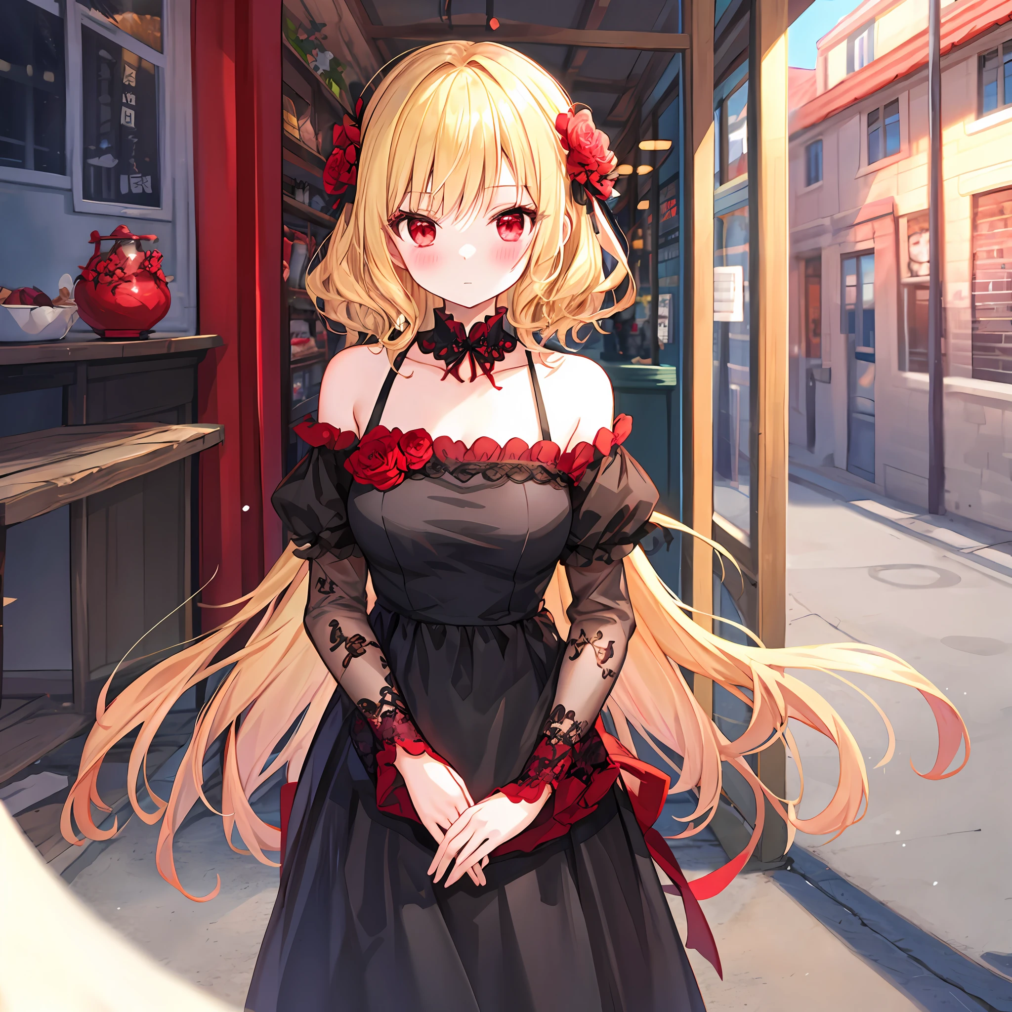 red blush、hair wavy、blonde hair、red eyes、Black Dress、off shoulders、Beautiful girl alone、animesque、独奏