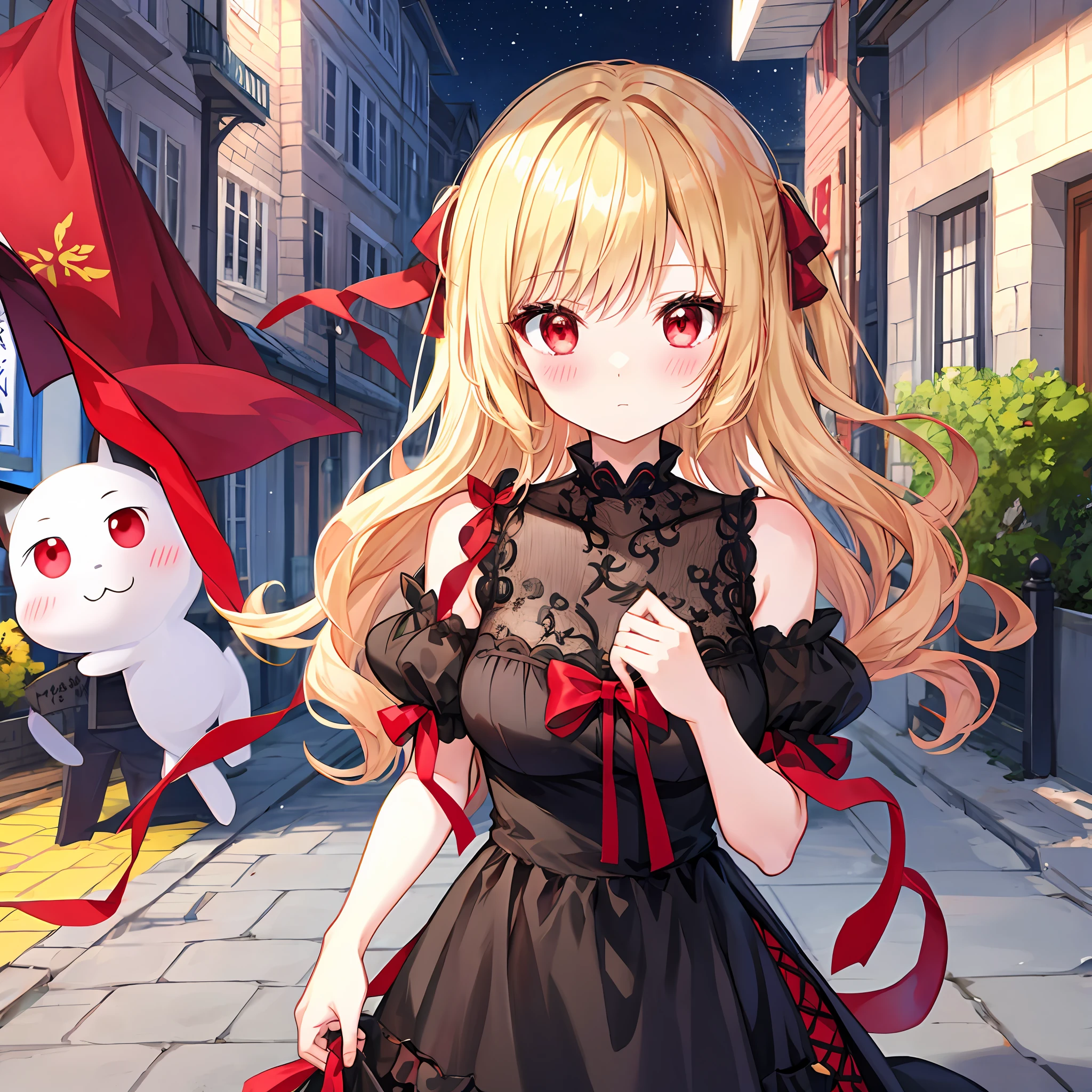 red blush、hair wavy、blonde  hair、red eyes、Black Dress、off shoulders、Beautiful girl alone、animesque、独奏