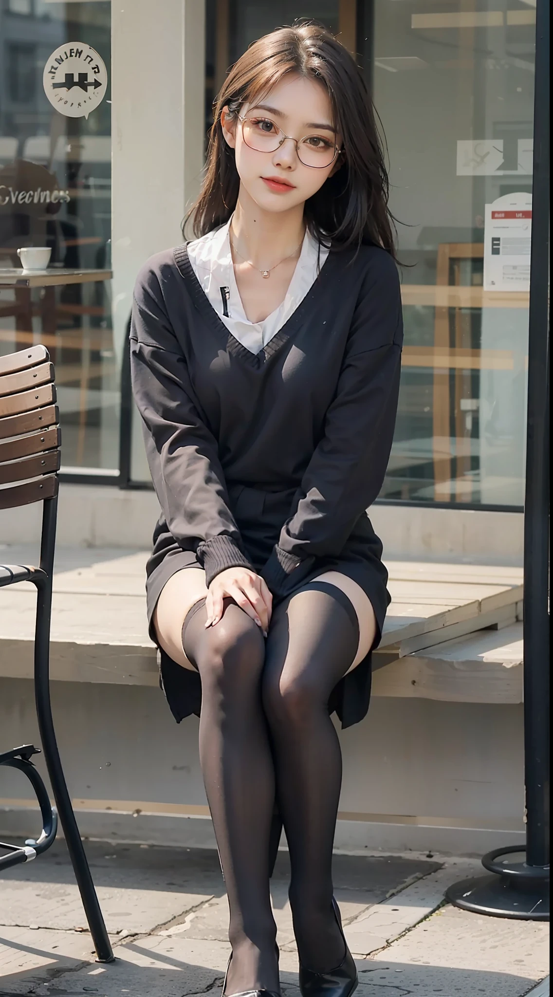best qualtiy, Full body like,Refined face,pretty face,25 years old woman,slimfigure,Smaller bust,office lady uniform,Office wear,black lence stockings,Outdoor scene,Sit Pose,((wears glasses)),Outside the café,Business environment