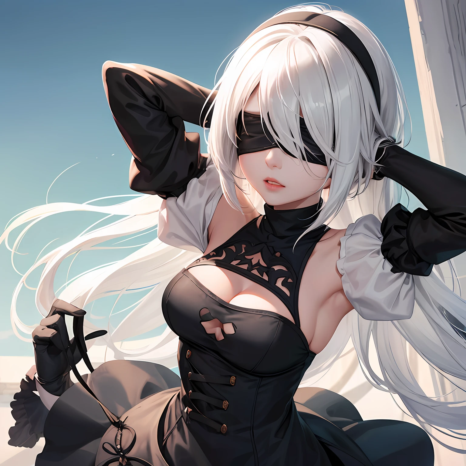 yorha no. 2 type b, 1girl, wlop, (blindfold), breasts, cleavage, cleavage cutout, clothing cutout, green background, hair between eyes, hairband, highres, juliet sleeves, long sleeves, nier (series), nier automata, puffy sleeves, red lips, shaded face, short hair, solo, turtleneck, upper body, white hair, sky --auto