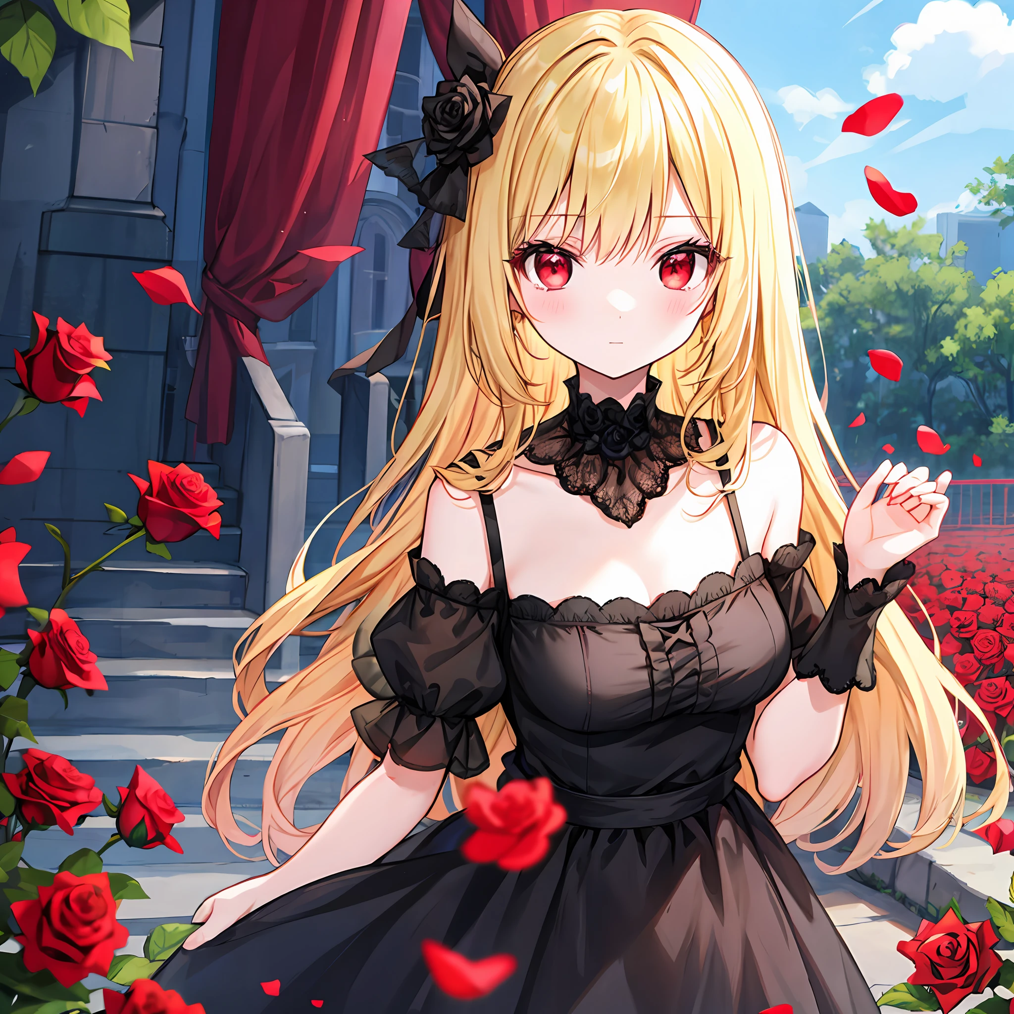 a blond、red eyes、Black fluffy dress、off shoulders、Beautiful girl alone、animesque、Rose field