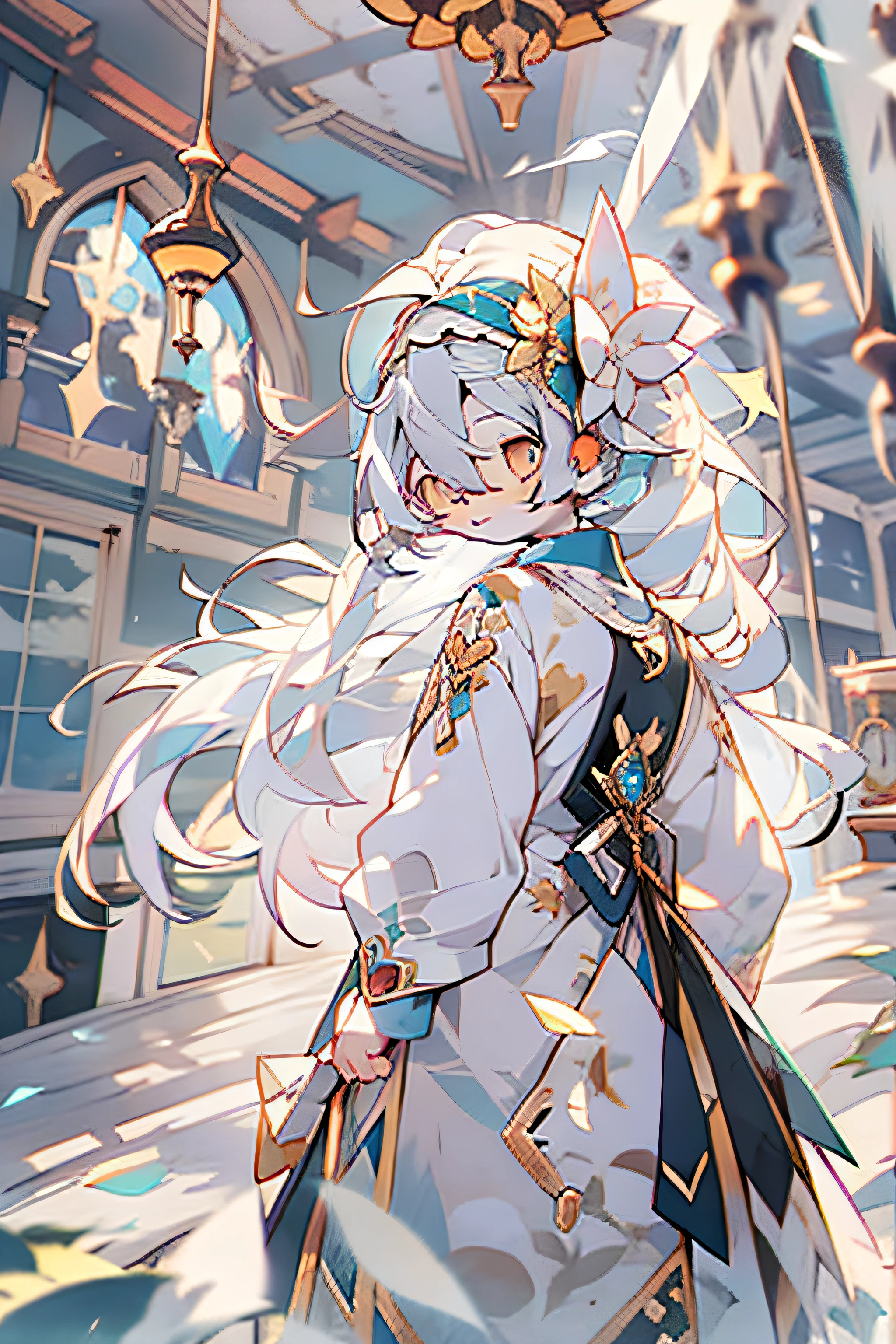 White hair, ahoge, bangs, hair between eye, Long hair, Double up braid, crystal hair, Expressive hair, Mini top hat, ribbon, Hair ribbon, hair bobbles, white hair ribbon, lolitahairband, White eyes, Sleepy, High detail, Anime, romanticism lain, Anime style, god light, in a panoramic view, hyper HD, Masterpiece, ccurate, Super detail, High details, High quality, Best quality
