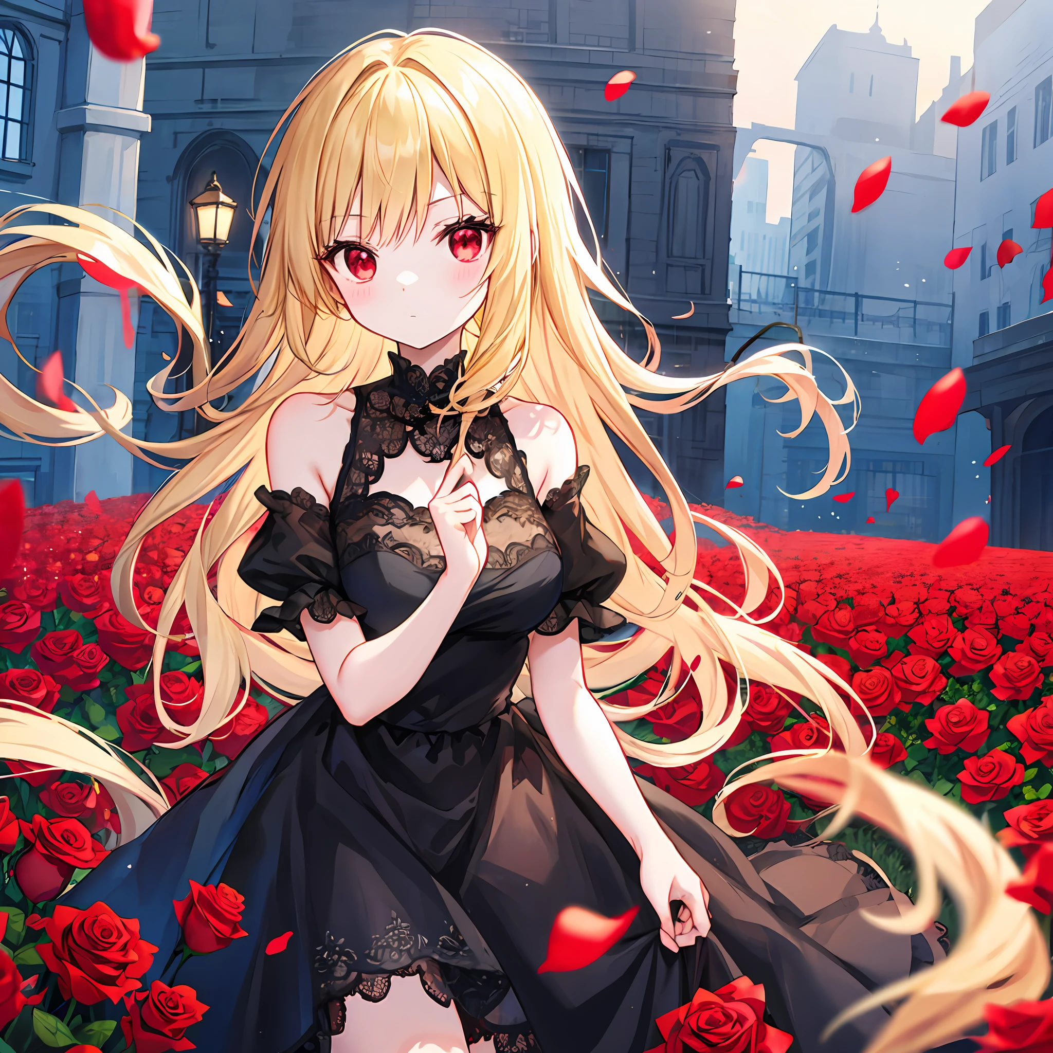 a blond、red eyes、Black fluffy dress、off shoulders、Beautiful girl alone、animesque、Rose field