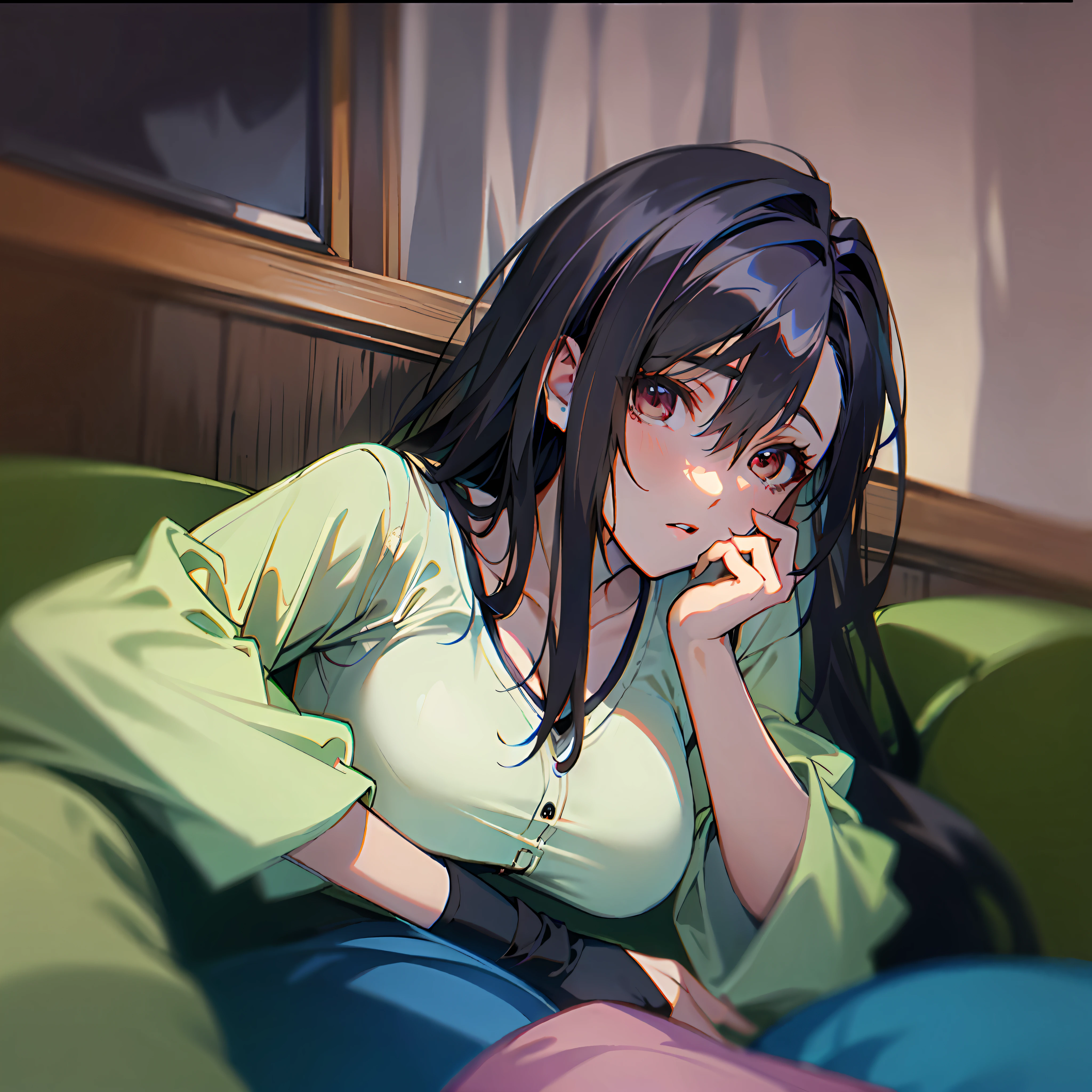 dark circles，femele，decadent，Lie on the sofa，playing game，pyjamas，Long hair over the waist，Loose hair，Gloomy atmosphere，The picture is exquisite，extremely detaile，hair straight，dark circles，The picture is dark，Play console games