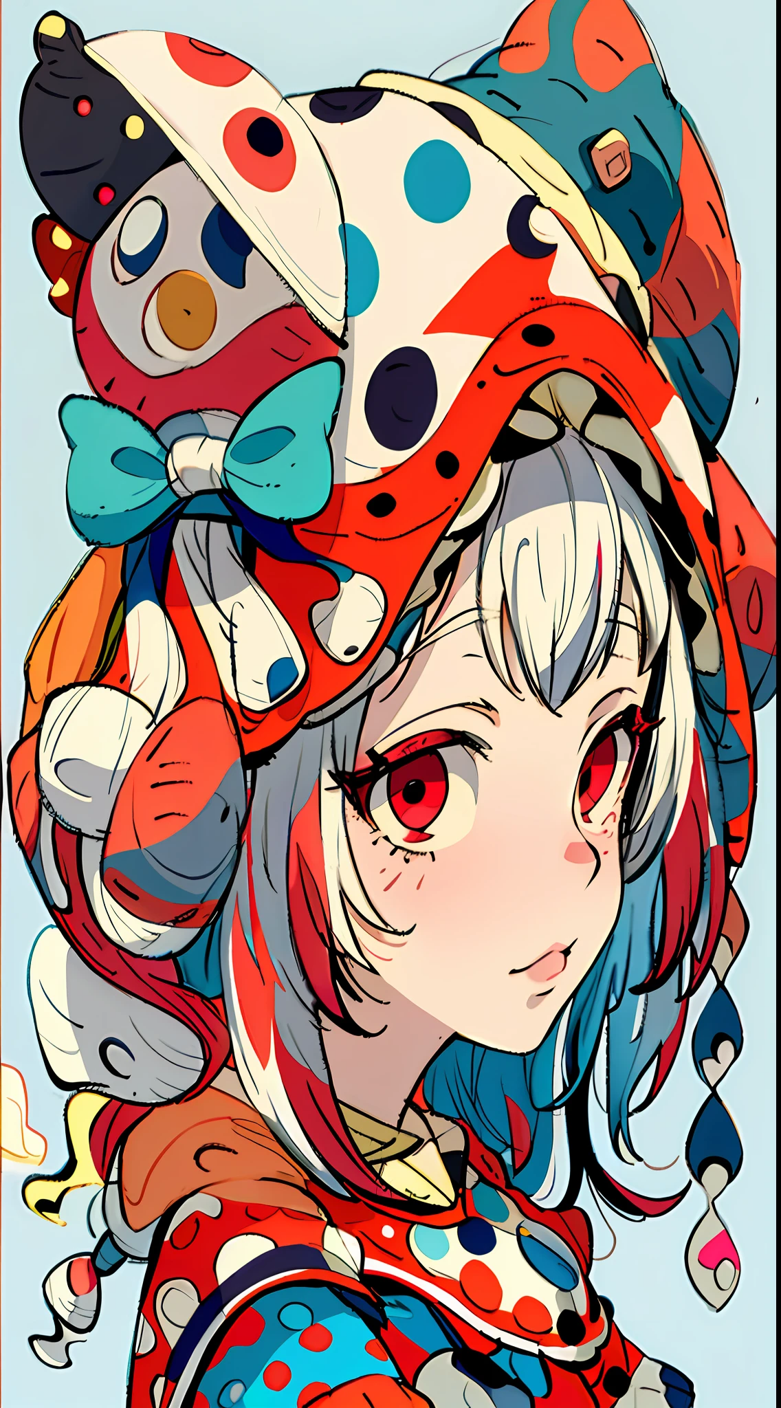 A girl with polka dots on her nose, and her hat on her head, in the style of surreal creatures, light red and cyan, dolly kei, playfully dark, poodlepunk, playful coloration, dark white and red  --ar 3:4 --s 400 --niji 5