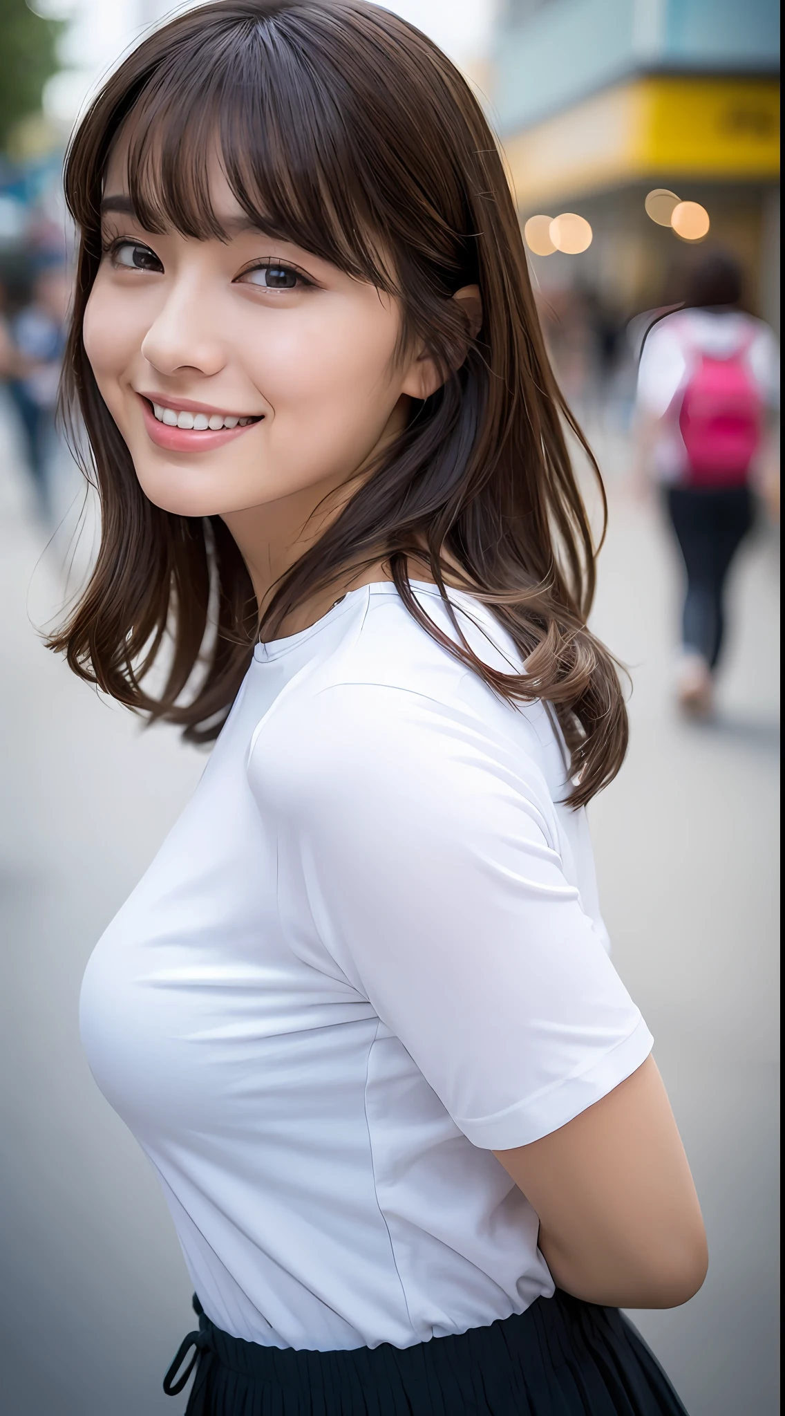(8k、RAW Photography、top-quality、masuter piece:1.2)、ultra-detailliert、ultra res、(realisitic、rialistic photo:1.37)、portlate、high-definition RAW color photography、Professional Photography、highly detailed and beautiful、ighly detailed、8K wallpapers、amazing detailed、huge filesize、Official Art、Highly detailed CG Unity 8k wallpapers、highly detailed beautiful girl、extra detailed face、extremely detailed eye、highlydetailed skin、extremely detailed fingers、highly detailed nose、very detailed detailed mouth、Perfect Anatomy、highly detailed back ground、Highly detailed clothing、 1 人、(18:1.2)、Teete little us Japan idol、cute little、Realistic body、小柄、de pele branca、glistning skin、Slim body、handsome body、brown haired、Short constricted curly hair、(Blunt bangs:1.2)、a smile、kawaii、zora々Right、kawaii faces、lifelike face、Delicat eyes、Sauce order、White T-shirt、skirt by the、耳Nipple Ring、Looking at the camera、cowboy shot、front facing、Standing、Contrapo, high street, public, 动态照明,Mare