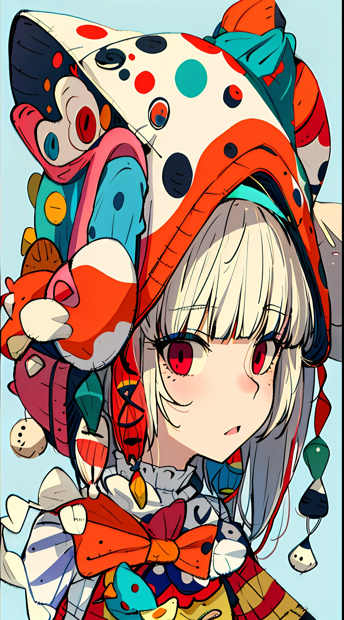 A girl with polka dots on her nose, and her hat on her head, in the style of surreal creatures, light red and cyan, dolly kei, playfully dark, poodlepunk, playful coloration, dark white and red  --ar 3:4 --s 400 --niji 5