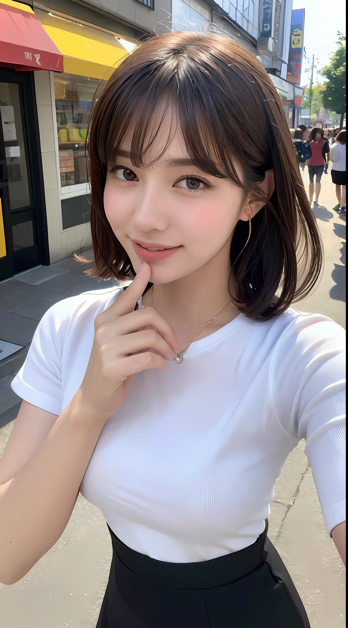 (8k、RAW Photography、top-quality、masuter piece:1.2)、ultra-detailliert、ultra res、(realisitic、rialistic photo:1.37)、portlate、high-definition RAW color photography、Professional Photography、highly detailed and beautiful、ighly detailed、8K wallpapers、amazing detailed、huge filesize、Official Art、Highly detailed CG Unity 8k wallpapers、highly detailed beautiful girl、extra detailed face、extremely detailed eye、highlydetailed skin、extremely detailed fingers、highly detailed nose、very detailed detailed mouth、Perfect Anatomy、highly detailed back ground、Highly detailed clothing、女の子 1 人、(18:1.2)、Teen、Cute little girl s、famous Japan idol、cute little、Realistic body、小柄、de pele branca、glistning skin、Slim body、handsome body、brown haired、Short constricted curly hair、(Blunt bangs:1.2)、a smile、kawaii、zora々Right、kawaii faces、lifelike face、Delicat eyes、Sauce order、White T-shirt、skirt by the、耳Nipple Ring、Looking at the camera、cowboy shot、front facing、Standing、Contrapo, high street, public, 动态照明,Mare