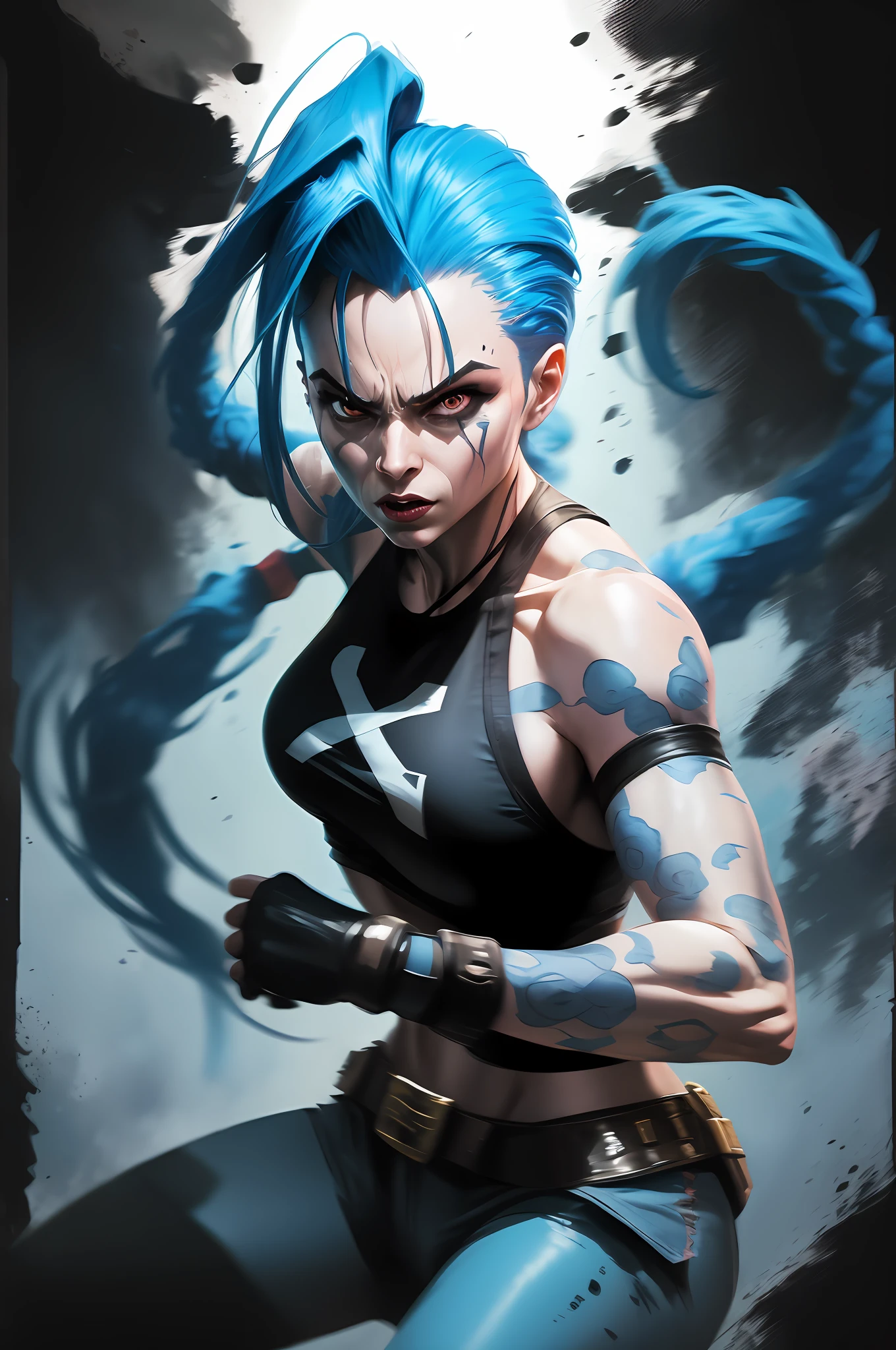 Cinematic t-shirt art, Estilo de pintura. Jinx in dynamic fighting pose. altamente detalhado, rosto detalhado, intrincado, vivid colors. Black background with cinematic lighting.