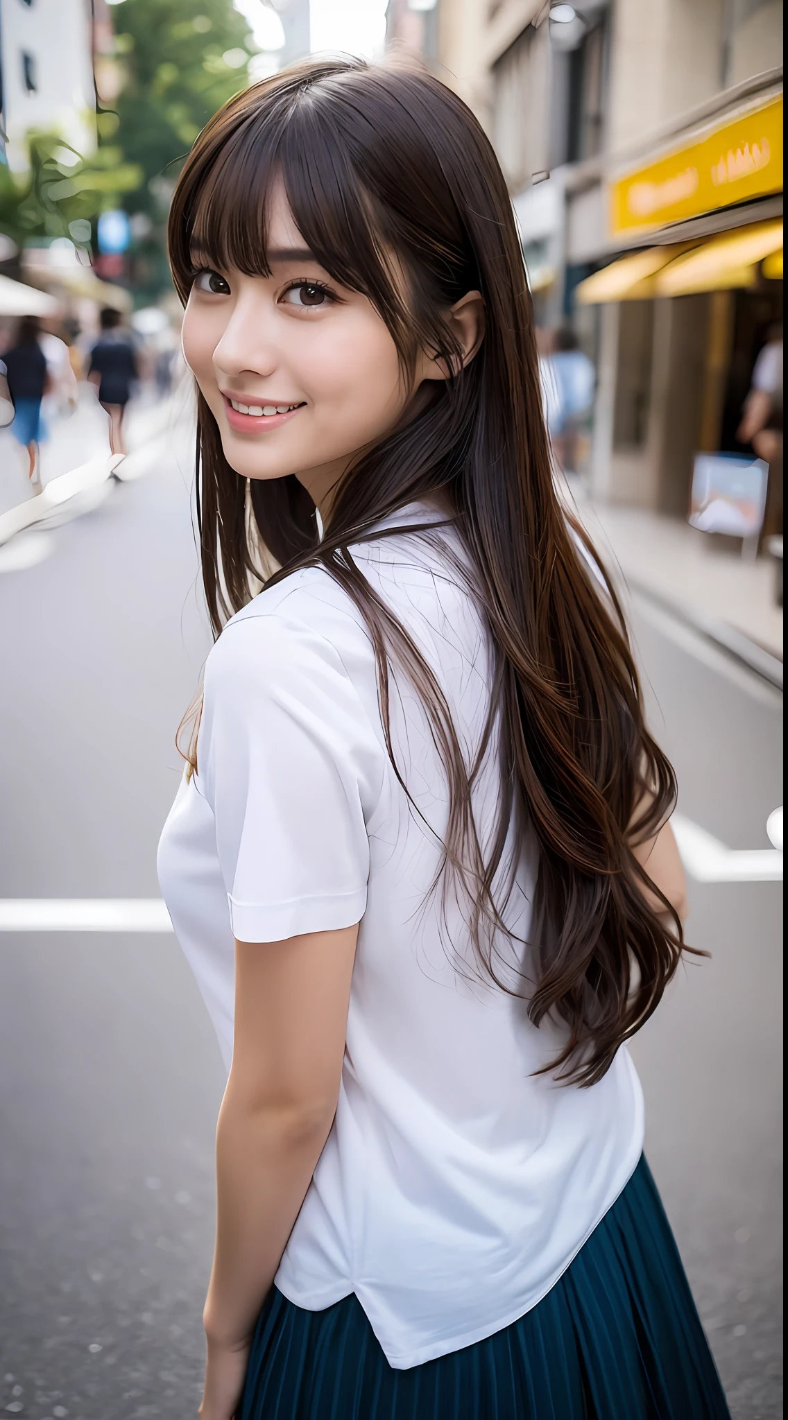 (8k、RAW Photography、top-quality、masuter piece:1.2)、ultra-detailliert、ultra res、(realisitic、rialistic photo:1.37)、portlate、high-definition RAW color photography、Professional Photography、highly detailed and beautiful、ighly detailed、8K wallpapers、amazing detailed、huge filesize、Official Art、Highly detailed CG Unity 8k wallpapers、highly detailed beautiful girl、extra detailed face、extremely detailed eye、highlydetailed skin、extremely detailed fingers、highly detailed nose、very detailed detailed mouth、Perfect Anatomy、highly detailed back ground、Highly detailed clothing、女の子 1 人、(18:1.2)、Teen、Cute little girl s、famous Japan idol、cute little、Realistic body、小柄、de pele branca、glistning skin、Slim body、handsome body、brown haired、Short constricted curly hair、(Blunt bangs:1.2)、a smile、kawaii、zora々Right、kawaii faces、lifelike face、Delicat eyes、Sauce order、White T-shirt、skirt by the、耳Nipple Ring、Looking at the camera、cowboy shot、front facing、Standing、Contrapo, high street, public, 动态照明,Mare
