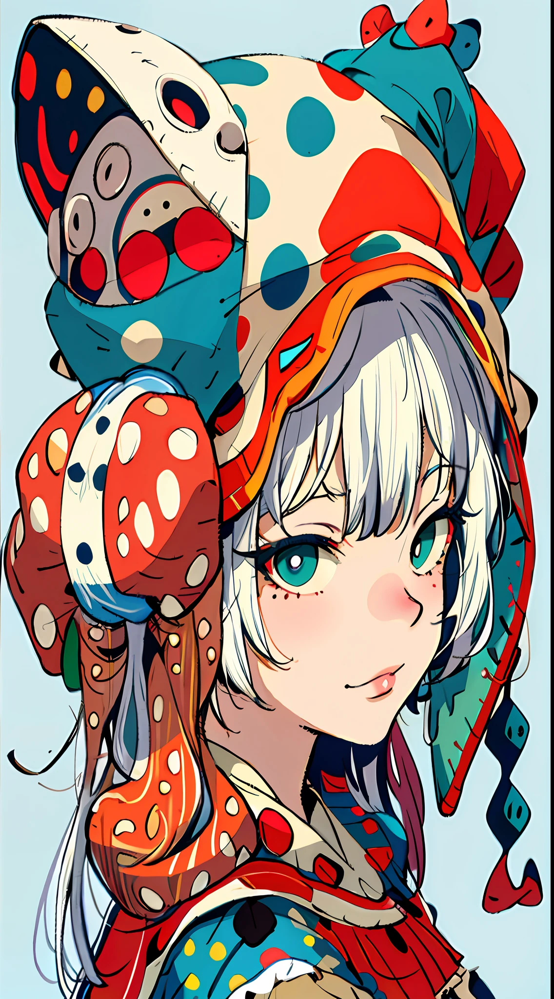 A girl with polka dots on her nose, and her hat on her head, in the style of surreal creatures, light red and cyan, dolly kei, playfully dark, poodlepunk, playful coloration, dark white and red  --ar 3:4 --s 400 --niji 5