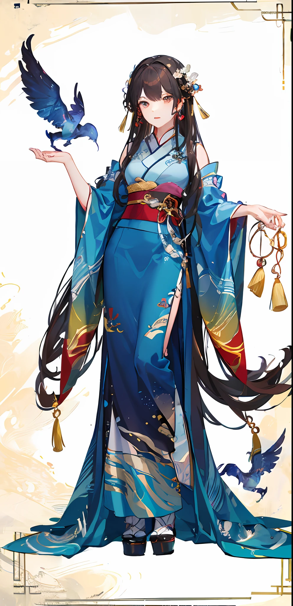 (Hanfu:1.1,China-style:1.3,Mountain and Sea Sutra,Jingwei goddess,s girl,Hot-tempered,wings,Standing painting),(Three different angles,full bodyesbian),(Three different character sets),High saturation of colors,Neutralizes brightness,The atmosphere is calm,Exquisite details,Elegant style.
