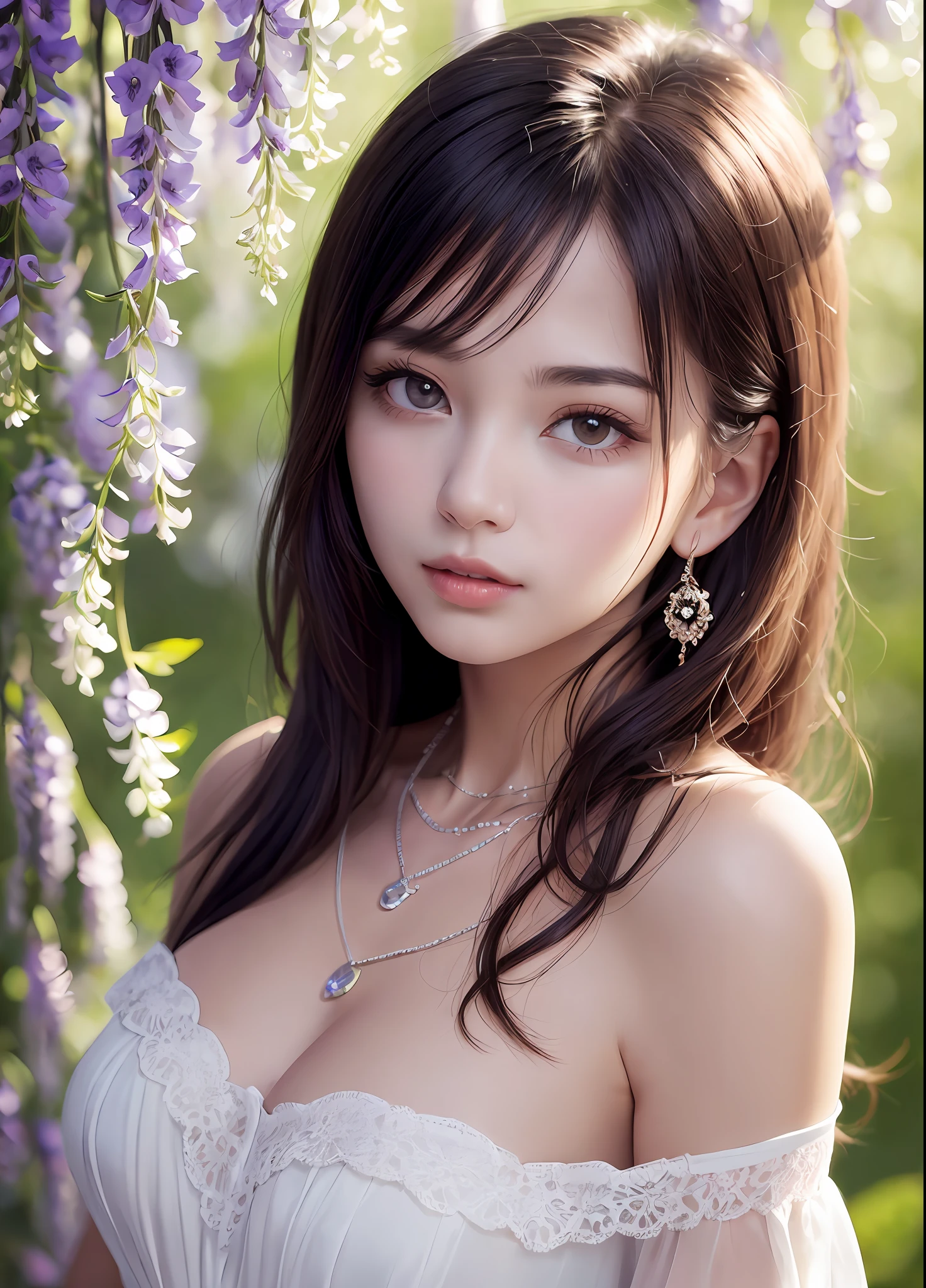 Beautuful Women、(top-quality、in 8K、32K、​masterpiece、nffsw:1.3)、(Photorealsitic:1.4)、realisitic:1.2、Detailed skin、Elegance、top grade、natta、Wisteria flowers lit up、lensflare、Detailed shading、depth of fields、blurry backround、( White off-the-shoulder dress)、Wisteria shelf、Wisteria flower background、ear ornament、lady's、a necklace、(A sexy:1.2)、breastsout、
