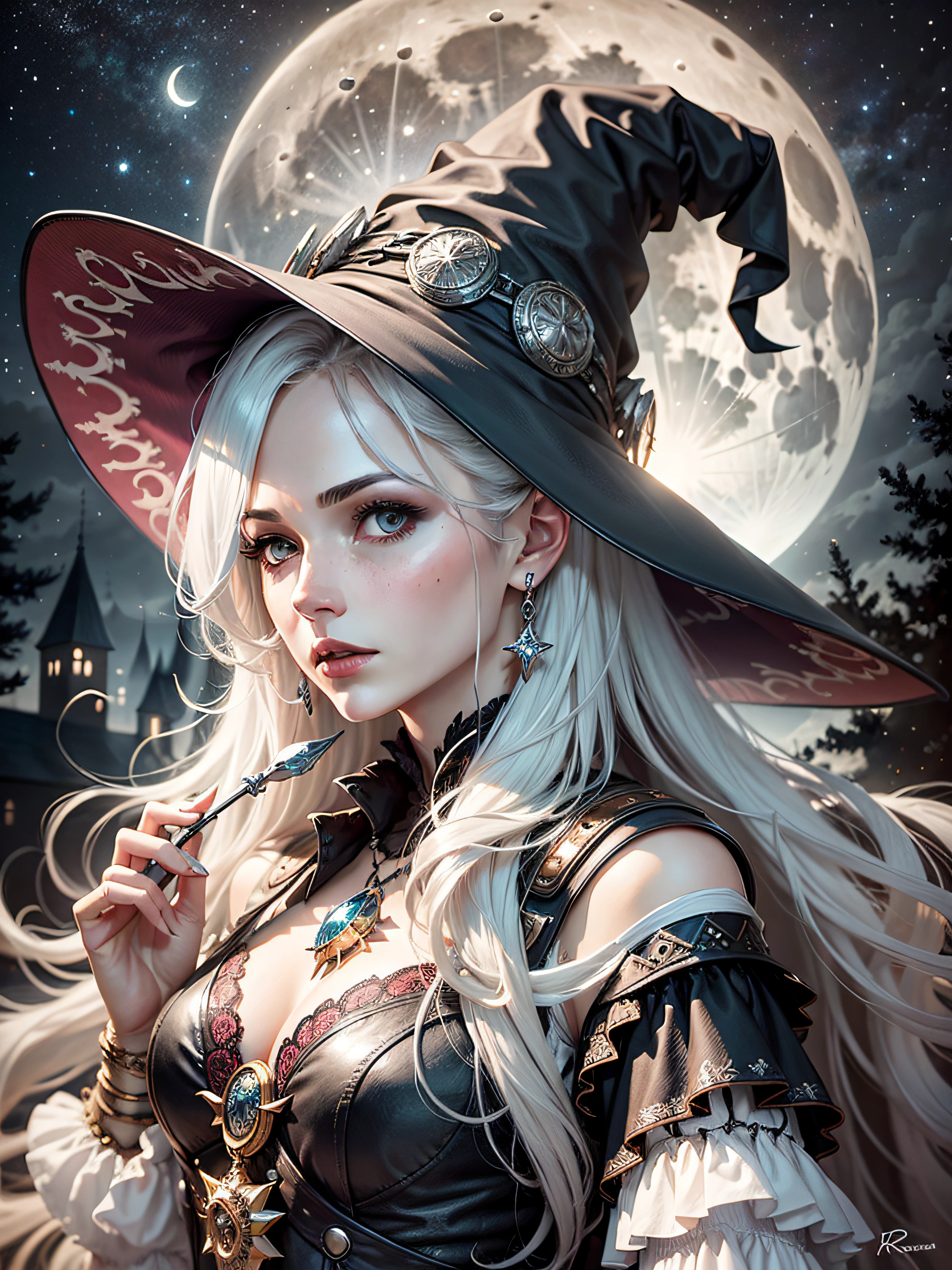 beautiful female witch, silver white hair, big witch hat, facing camera, night sky, full moon, highly detailed, royo