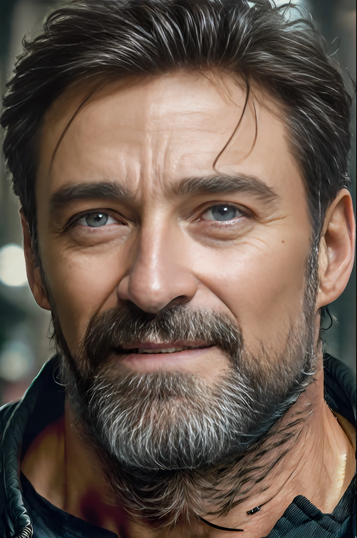 masterpiece, DSLR photo, analog style, nikon d5, real photo, a photo of hugh jackman with a graying beard, dramatic lighting (85mm), (detailed facial features), (detailed shiny eyes), dynamic angle, jeremy mann, Ilya Kuvshinov style