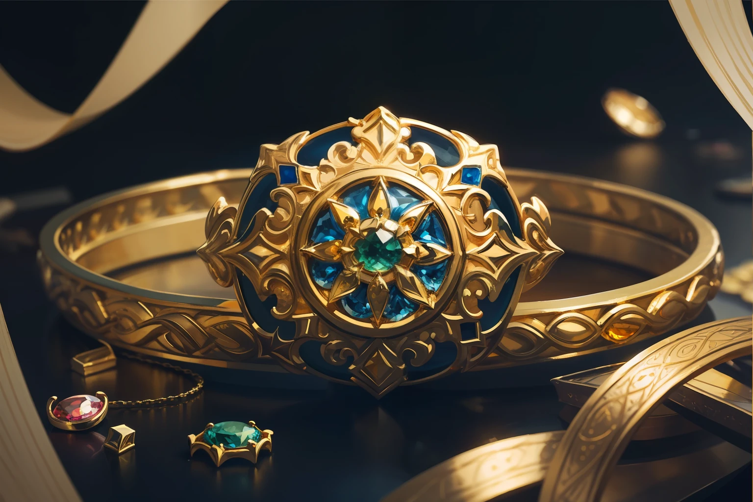 The painting is painted in gouache, stylistically reminiscent of a vector image, It depicts a lot of gold jewelry, treasures and precious stones