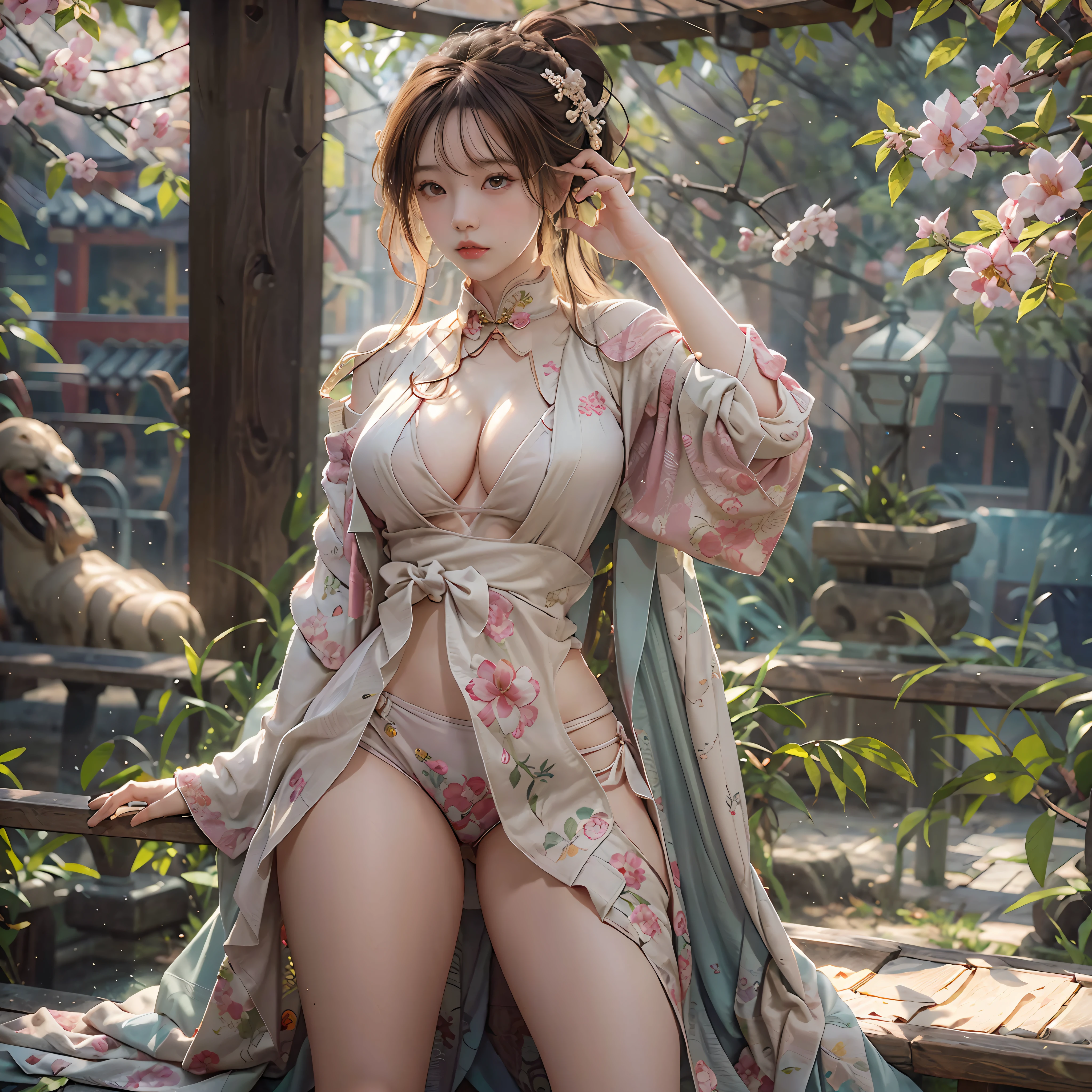 A perfect masterpiece，realisticlying，8K，超高分辨率，Perfect image，Perfect detailing，Very detailed facial details，detailed hairs，Perfect light，Perfect halo，perfect shadow，Pink cheeks，Face lighting。

（Look ahead）Mature female in her 20s，lovely and delicate，with dynamism，Wear a Chinese cheongsam（torn laundry），Long hair with a shawl，Hair is braided on both sides，Seductive eye，Tall nose，Moisturized lips，a face with perfect proportion，prefect symmetrical face，bangle，choker necklace，Slightly larger breasts，busty figure，Thin waist and wide hips，a plump buttocks，Perfect body proportion，Natural head-to-body ratios，delicate finger，Sexy groin（Rich in detail），Very consistent with human anatomy。

On a bench in the park，sitted，Place your left hand between your legs，As graceful as a swan，Breathtaking。

It is surrounded by Chinese-style buildings，full body shot of，depth of fields，dramatic shot，dyna，perfect shot，Naturally beautiful。