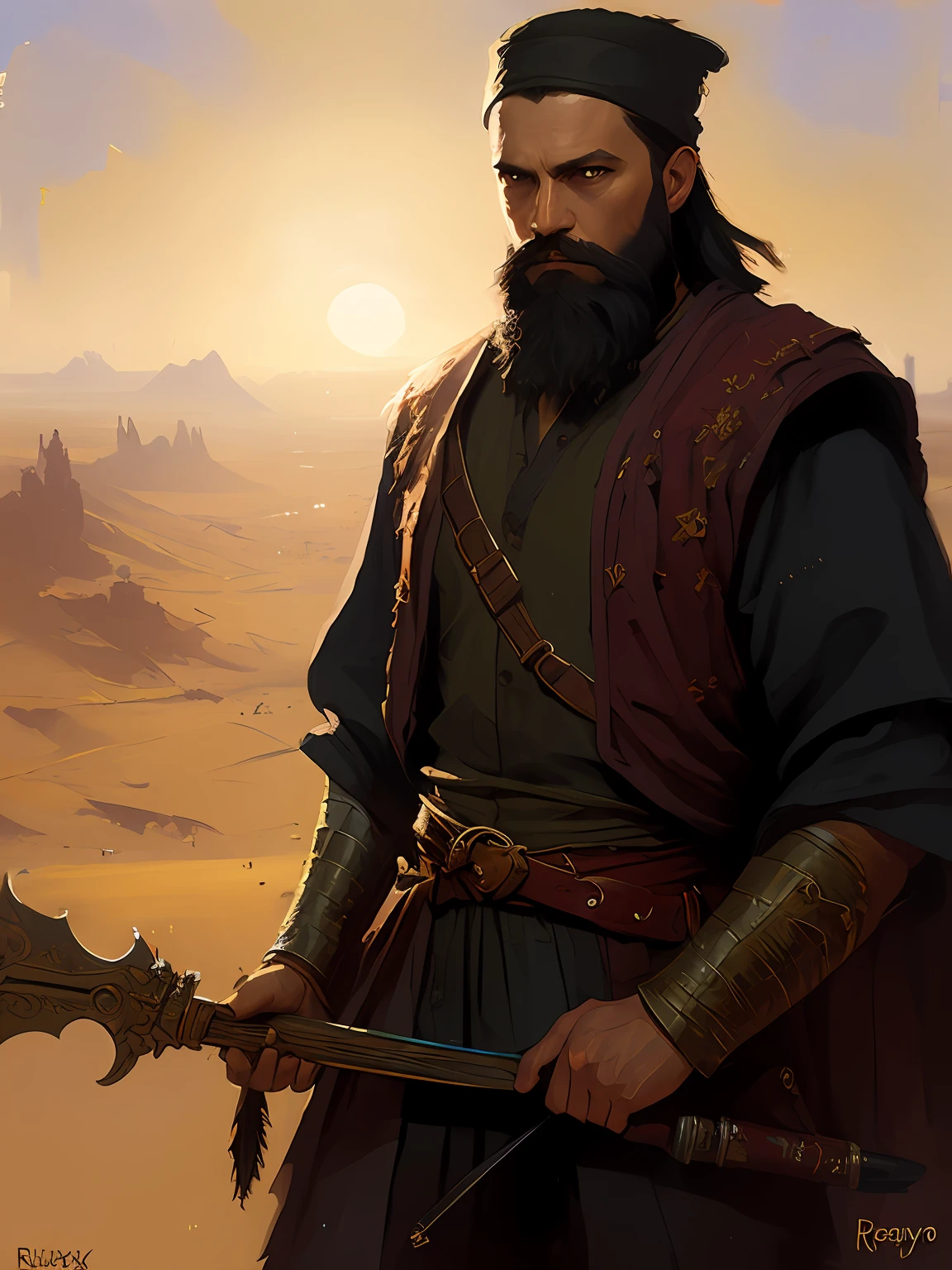 Hebrew Old Testament warrior dressed in traditional clothes described in the Old Testament, black hair, black beard, desert, VHS effect, (skin texture), intricate detail, fine detail, super detail, ray tracing, subsurface scattering, diffuse soft light, shallow depth of field, (Oliver Wetter) Professional majestic oil painting by Ed Blinkey, Atey Ghailan, Studio Ghibli, Jeremy Mann, Greg Manchess, Antonio Moro by (Greg Rutkowski:1.4), bokeh