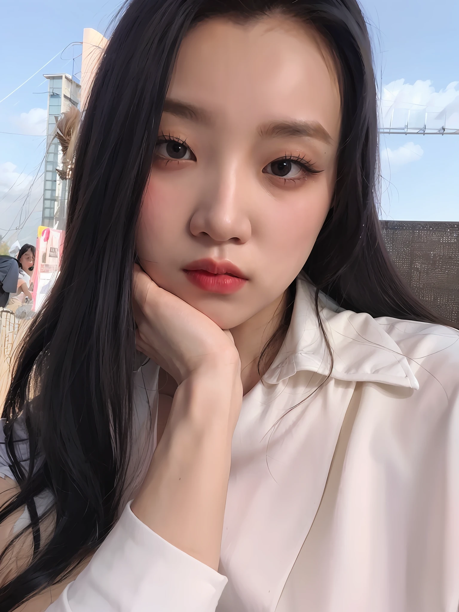 There was a woman sitting down,hand on chin, 8K selfie photos, Korean girl, A young Asian woman, young cute wan asian face, xintong chen, Korean woman, taken with sony alpha 9, beautiful Korean women, professional profile picture, An Asian woman, young lovely Korean faces, 8K)), ulzzangs