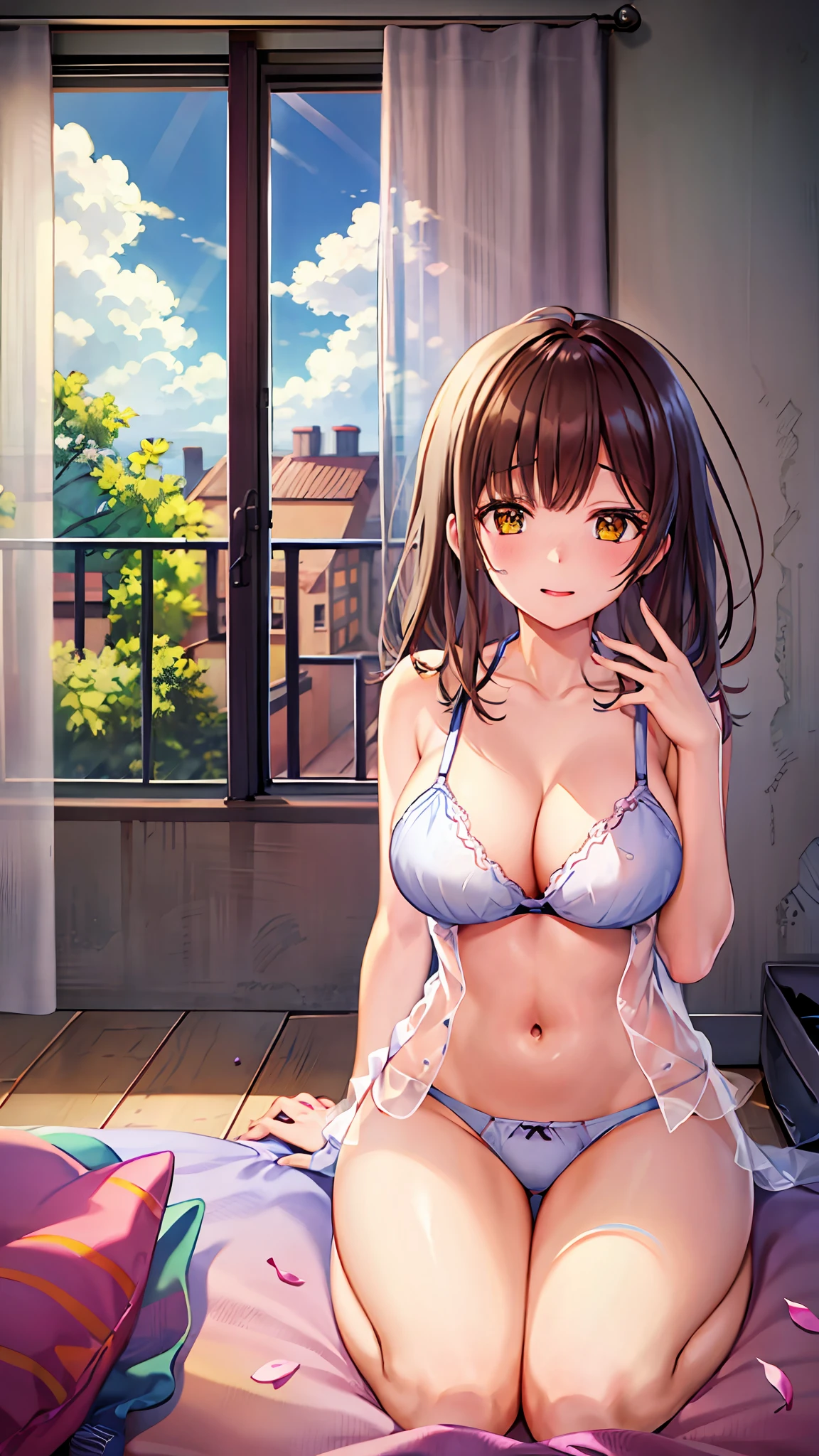 Sayu Ogiwara、***1人、独奏、in one's underwear only、Floral Lingerie、red blush、（absurderes）、（Hi-Res）、looking at viewert、inside the house、at bedroom、（the Extremely Detailed CG Unity 8K Wallpapers、​masterpiece、top-quality） 、ultra-detailliert）