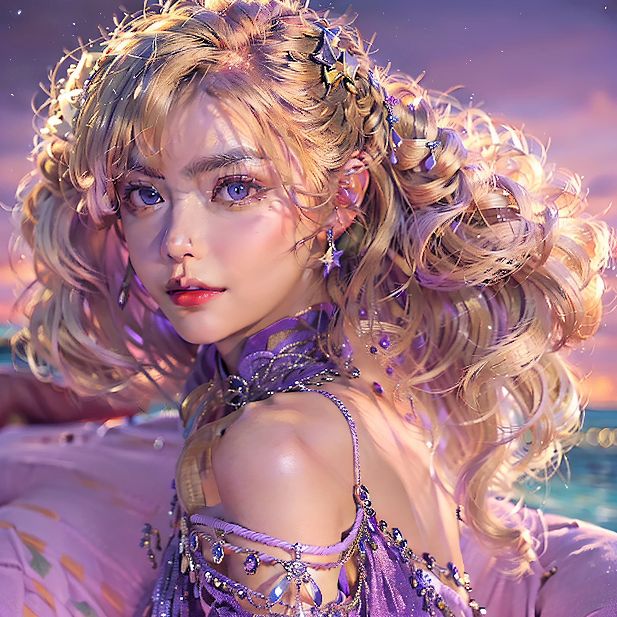 (Elegant evening dress:1.5,very detailed eyes and faces, portraitures,Neck up:1.3, Night's, beachside,neonlight,french braid,Blonde hair,Star-shaped pupils:1.2,Purple eyes,ssmile:0.8,Chiaroscuro,hyper photorealism, Mannerism:0.6,ultra HD picture quality, Best image quality,super detailing,high definition resolution:1.2,high qulity,Textured skin:1.3)