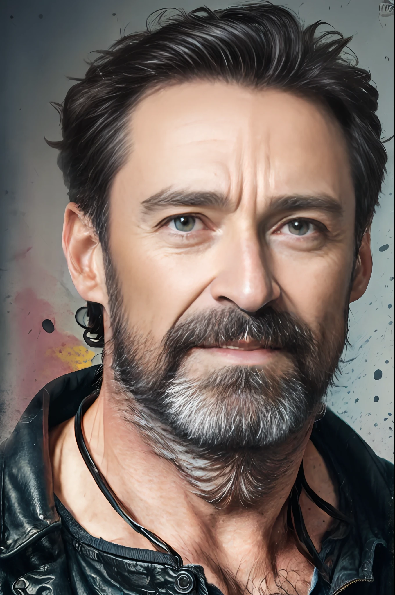 masterpiece, DSLR photo, analog style, nikon d5, real photo, a photo of hugh jackman with a graying beard, dramatic lighting (85mm), (detailed facial features), (detailed shiny eyes), dynamic angle, jeremy mann, Ilya Kuvshinov style