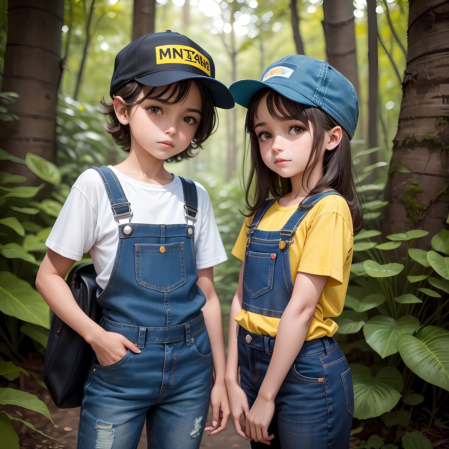 um menino, com cabelos castanhos e olhos castanhos, Denim Jeans Pants, blue T-shirt and black cap named Lucas at 6 years old and a girl with brown hair and eyes, denim overalls and a yellow cap named Maya at 8 years old, explorando uma floresta magica