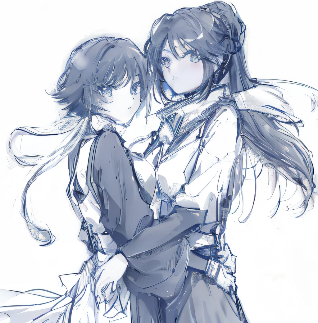 Drawing of two anime characters hugging each other, arm around her neck, two beautiful anime girls, anime sketch, WLOP and Sakimichan, author:New Art, Anime girls, double tails, Makoto Shinkai and Artgerm, by Kamagurka, nixeu and sakimichan, author:Uesaka Seka, In anime style