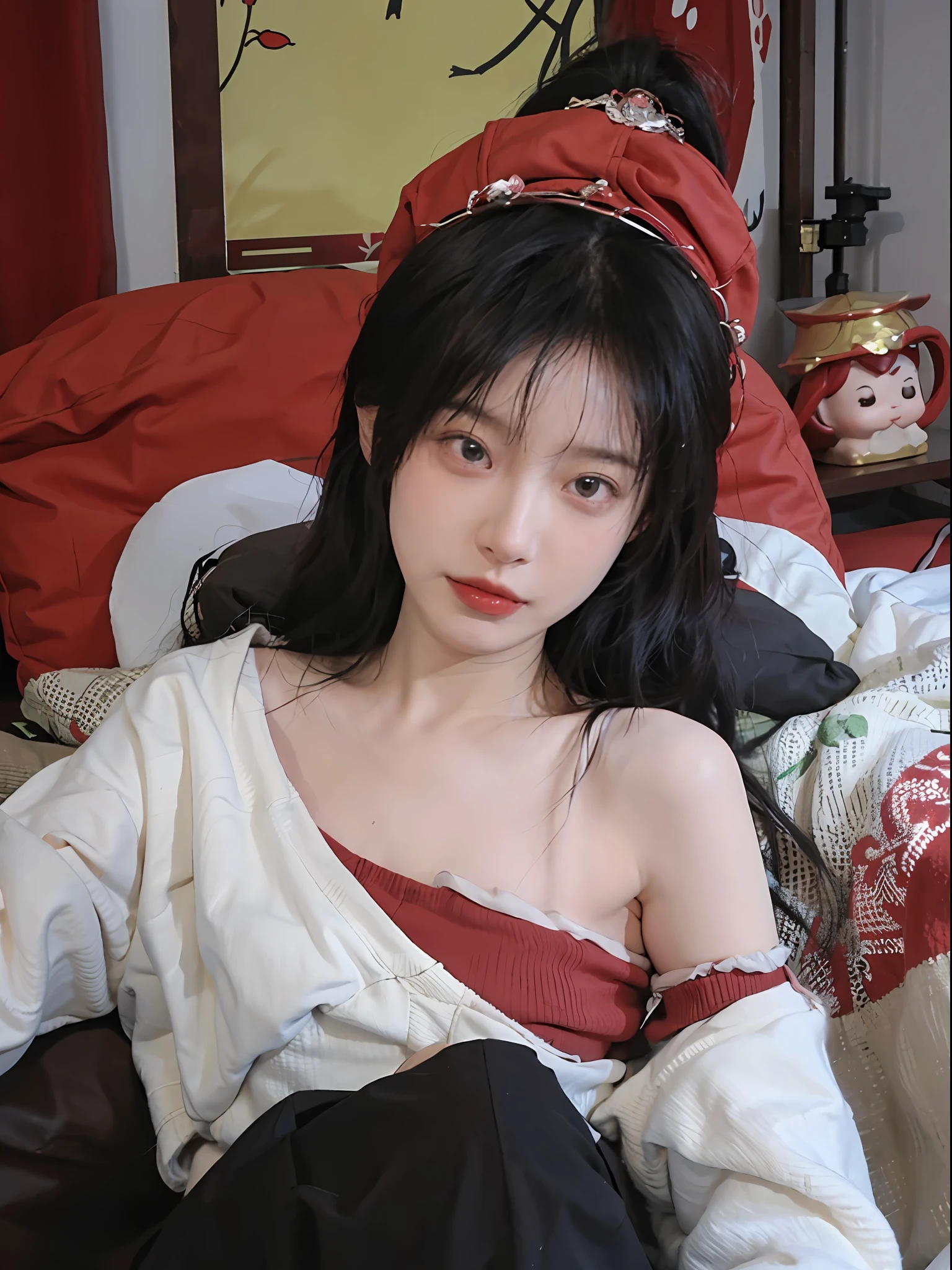 best qualtiy，tmasterpiece，超高分辨率，（true to life：1.4），1girll，Raised sexy，（Red off-the-shoulder top：1.9），Red off-the-shoulder top，（red colour），（Black  shorts：1.9），（Single horsetail：1.9），（red headgear：1.9）（natta：1.9），  （natta），Glowing skin，A detailed eye, 二重まぶた，White skin of the，（Sleeping on the Bed：1.9），（Sleeping was charming：1.9）， Upper body photo