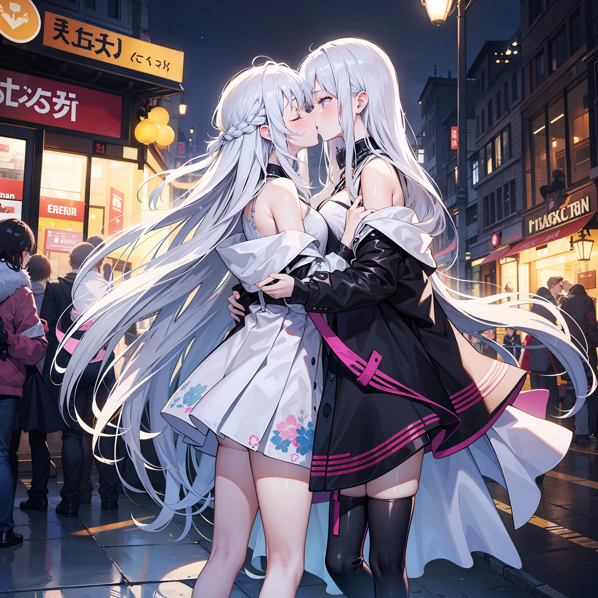 long whitr hair,Multiple girls,kiss,stocklings