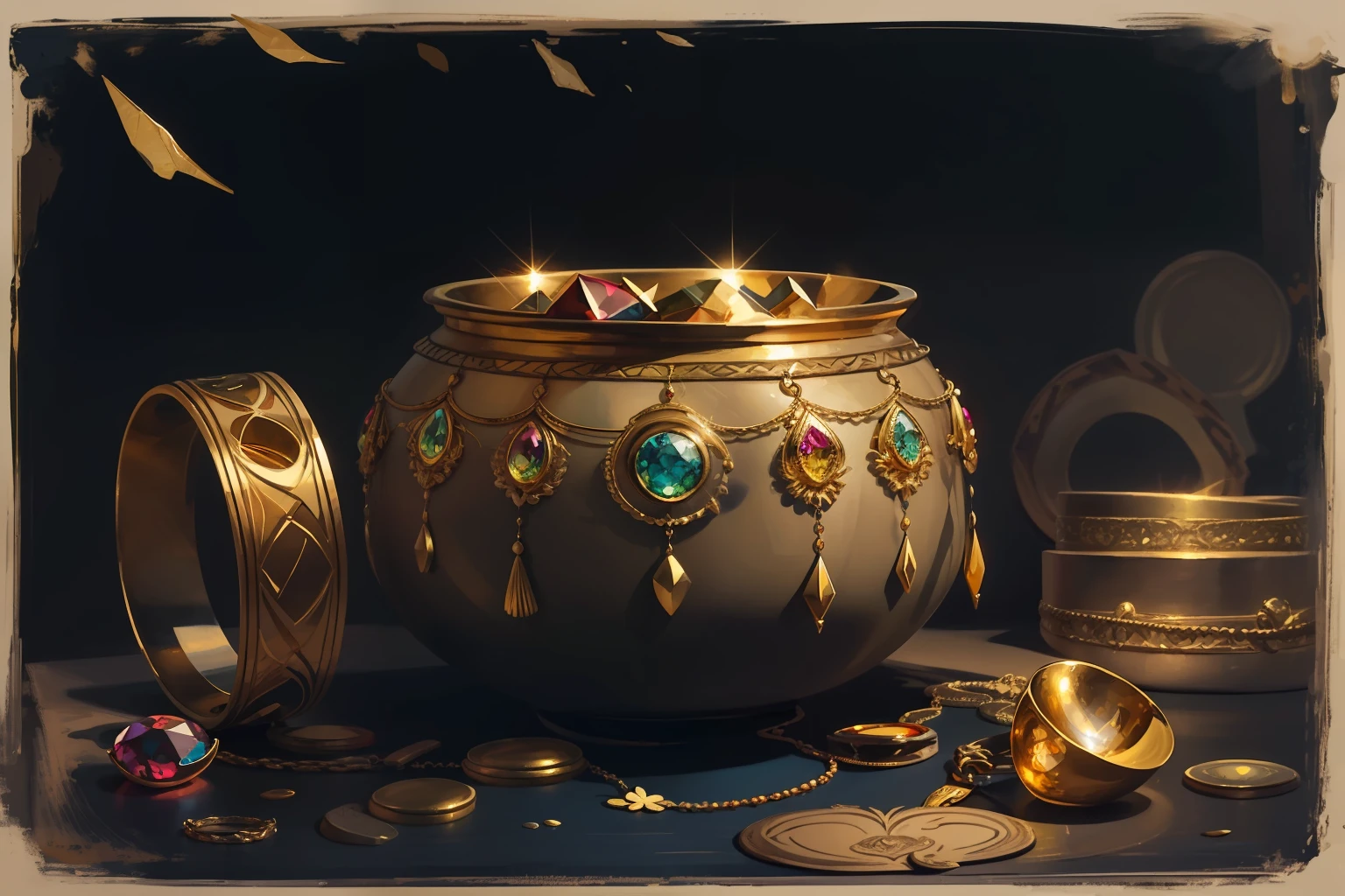 The painting is painted in gouache, stylistically reminiscent of a vector image, It depicts a lot of gold jewelry, Treasures & Gems