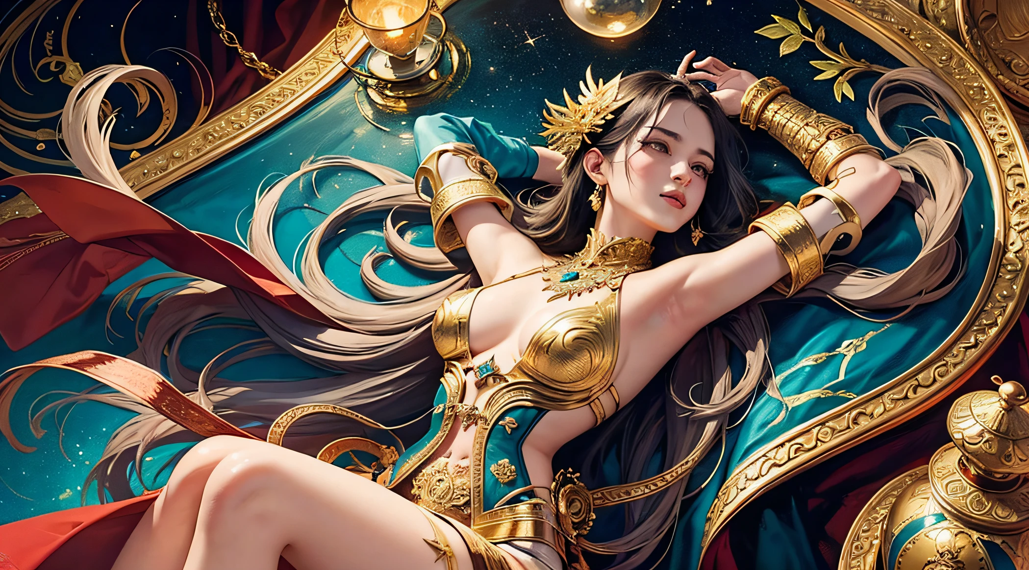 (masterpiece, top quality, best quality, official art, beautiful and aesthetic:1.2), (1girl), extreme detailed,colorful,highest detailed, official art, unity 8k wallpaper, ultra detailed, beautiful and aesthetic, beautiful, masterpiece, best quality, (zentangle, mandala, tangle, entangle) ,holy light,gold foil,gold leaf art,glitter drawing, PerfectNwsjMajic