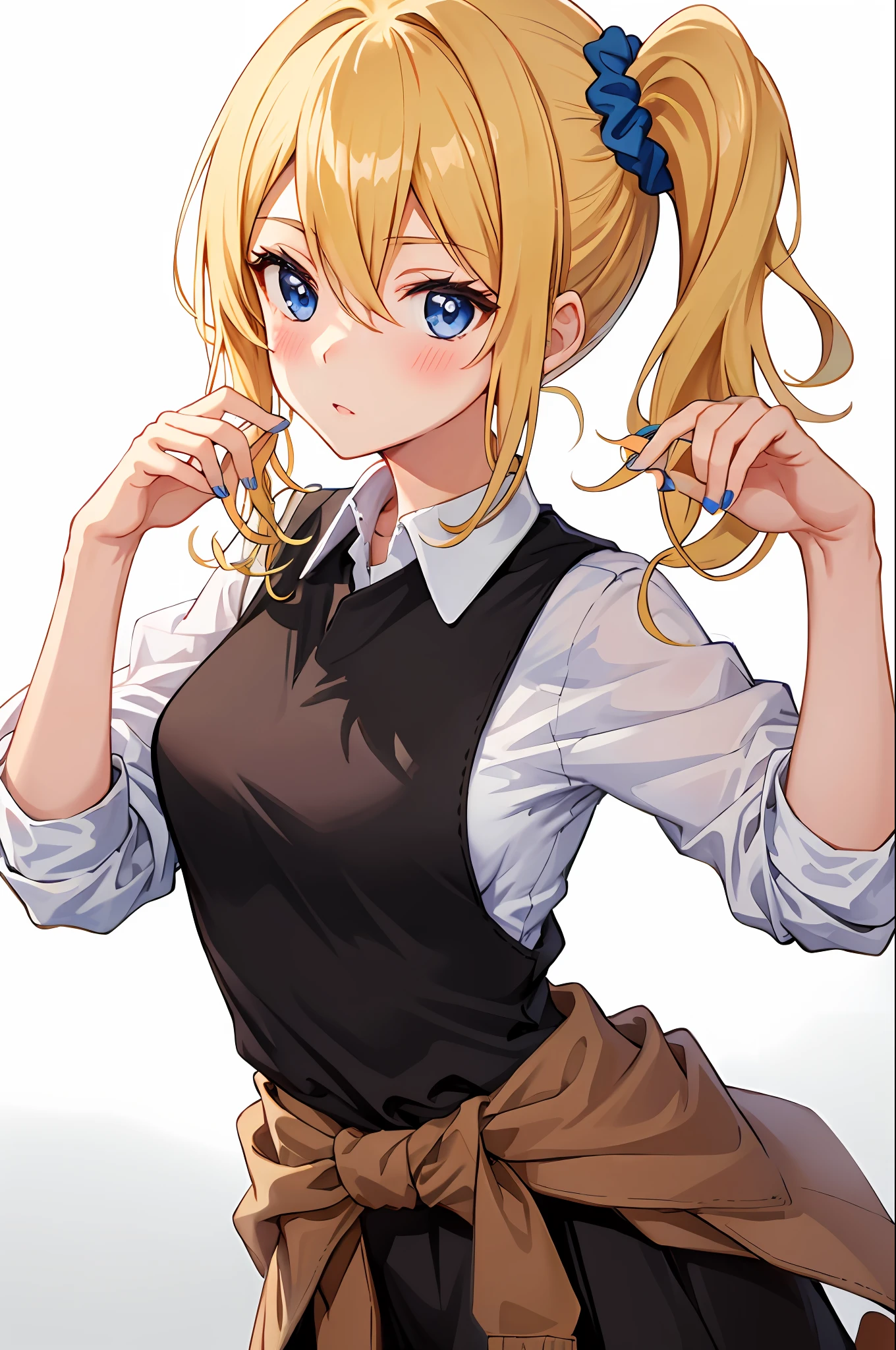 masterpiece, best quality, AiHayasakaV4, 1girl, solo, breasts, looking at viewer, blush, blue eyes, blonde hair, simple background, shirt, hair ornament, white background, hair between eyes, school uniform, white shirt, nail polish, side ponytail, v, scrunchie, hair scrunchie, blue nails, clothes around waist, blue scrunchie, shuuchiin academy school uniform