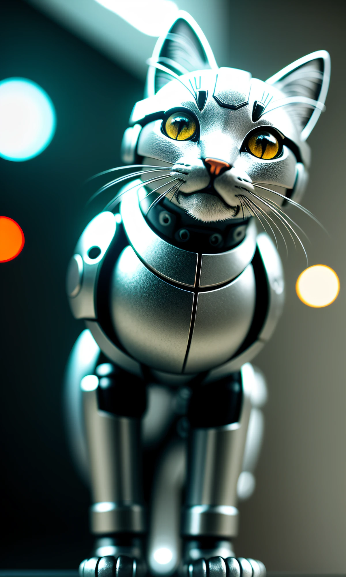 cute kitten made of metal, (cyborg: 1.1), ([tail | detailed wire]: 1.3), (complex detail), HDR, (complex detail, super detail: 1.2), cinematic shot, vignette, center