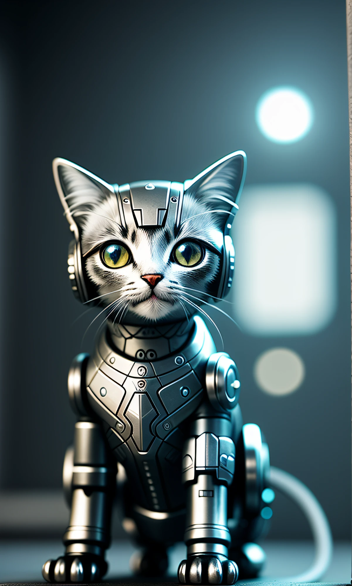 cute kitten made of metal, (cyborg: 1.1), ([tail | detailed wire]: 1.3), (complex detail), HDR, (complex detail, super detail: 1.2), cinematic shot, vignette, center