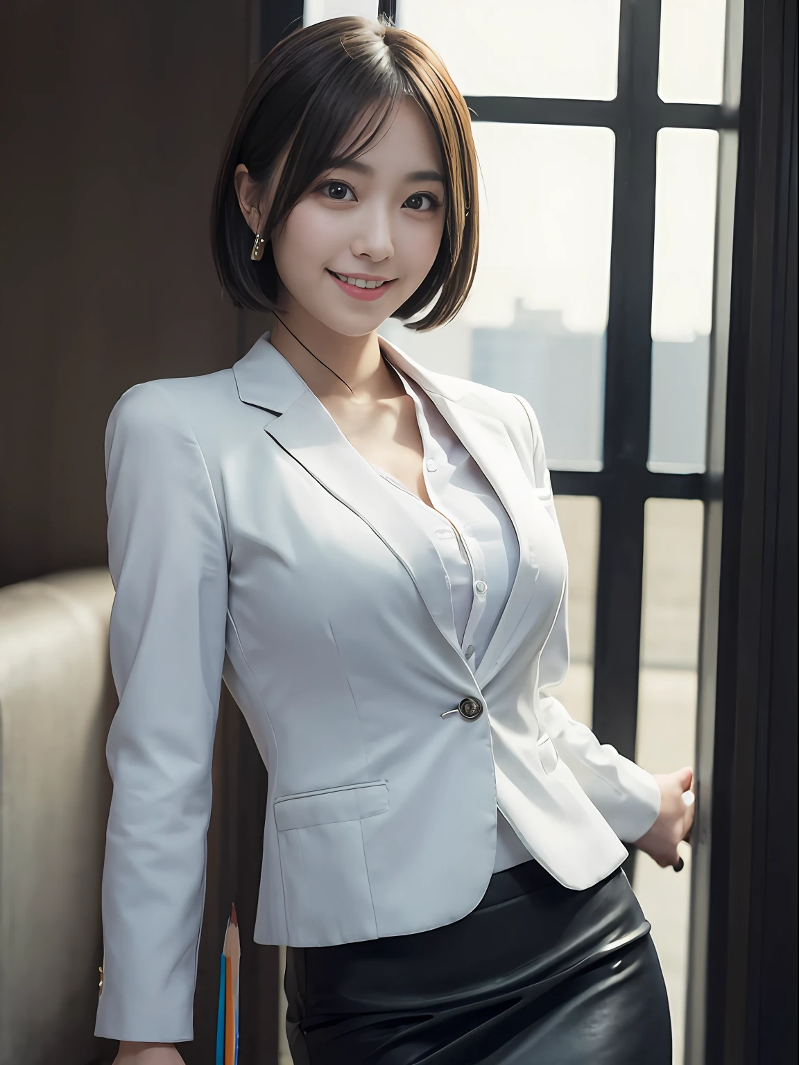 best quality, masterpiece, ultra high res, (photorealistic:1.4), RAW photo,cinematic lighting, 1 japanese girl,solo,20 years old,big breasts,(detailed beautiful face:1.5),(real skin:1.5),slender,thin legs,(big eyes:1.5),(smiling:1.3),(bob:1.5),BREAK,(Business Suit,pencil skirt:1.5),