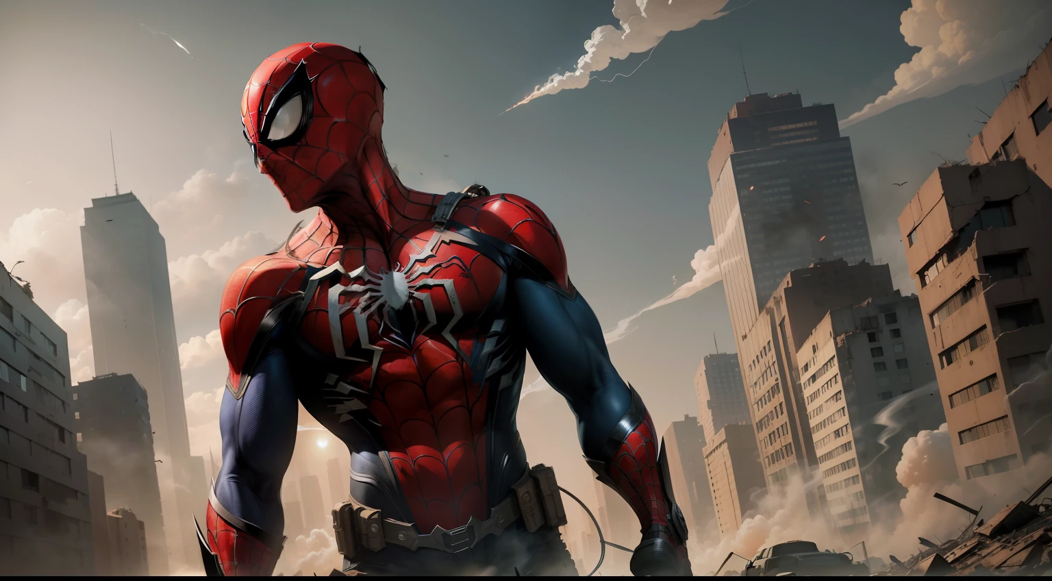 (masterpiece), melhor qualidade, epic illustration, Spider-Man in a post-apocalyptic setting, Amazing lighting effects, efeitos de sombras realistas, dynamic perspective, multicolorido, Dilapidated city, with smoke and ash flying in the air, aspecto texturizado e granulado, trilha sonora imersiva.
