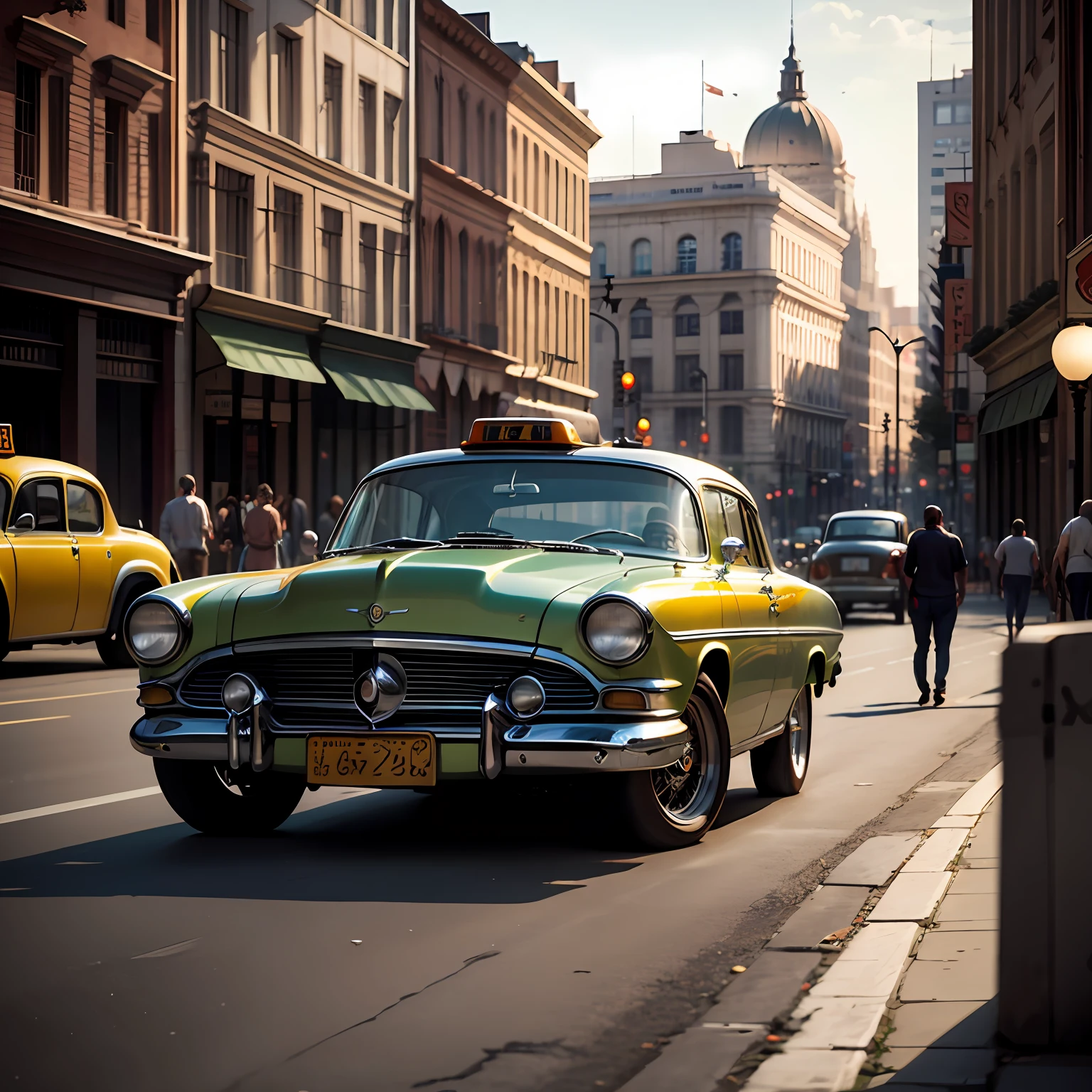 Hd, obra prima, carro antigo, classic car, taxi, fundo de rua, Cinematic lighting realism --auto