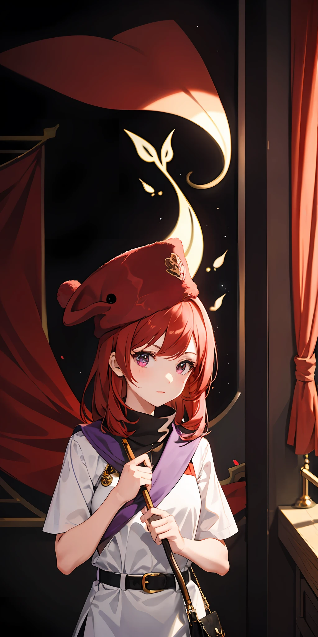1girl wears a red hat,red hair,Purple eye,Wear a mask on your head,Sideslit,light particules,the wallpaper,With a big red flag,guide