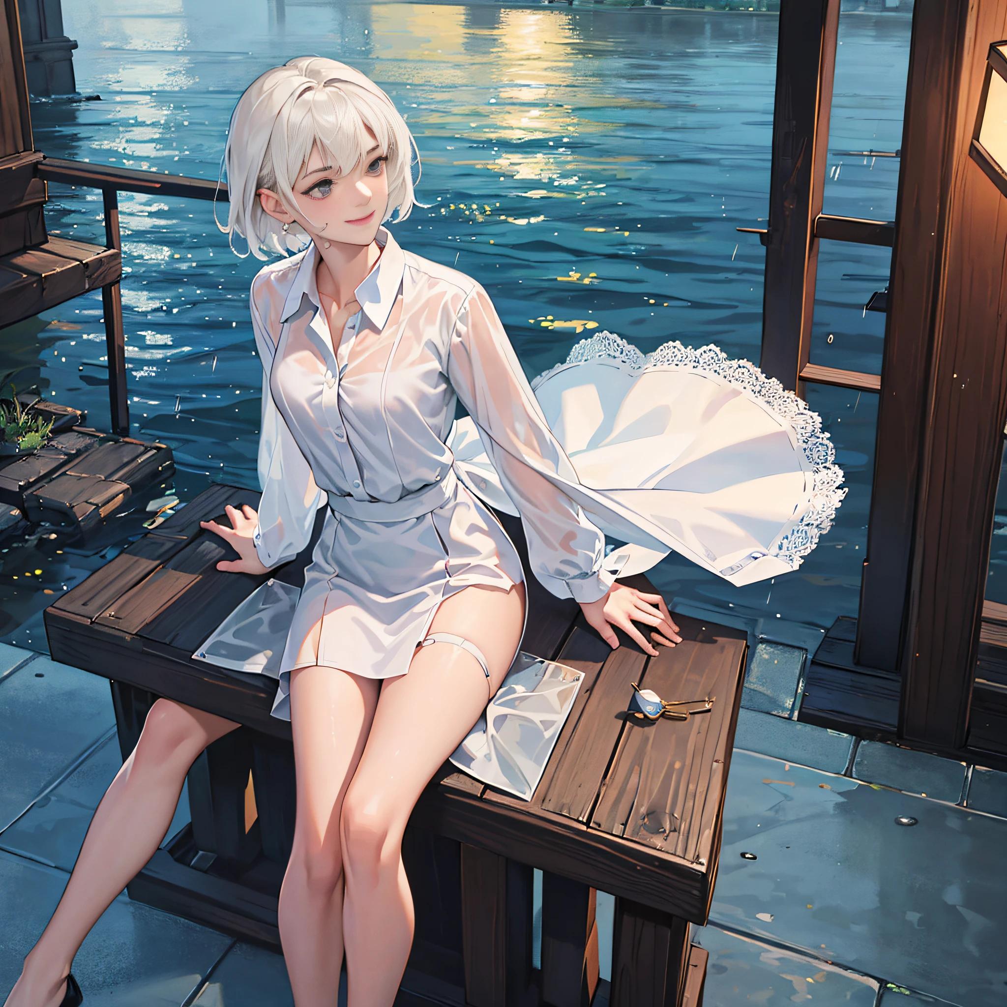 (8k, Best Quality, Masterpiece: 1.2), (Realistic, Realistic: 1.37), Ultra Detailed, 1 Girl, Cute, Solo, Beautiful Detailed Sky, Detailed Cafe, Night, Sitting, Dating, ( red nose), (smile: 1.15), (shut up) small breasts, beautiful and delicate eyes, (collared shirt: 1.1), night, wet, business attire, rain, white lace, (short hair: 1.2), flowing hair NovaFrogStyle,