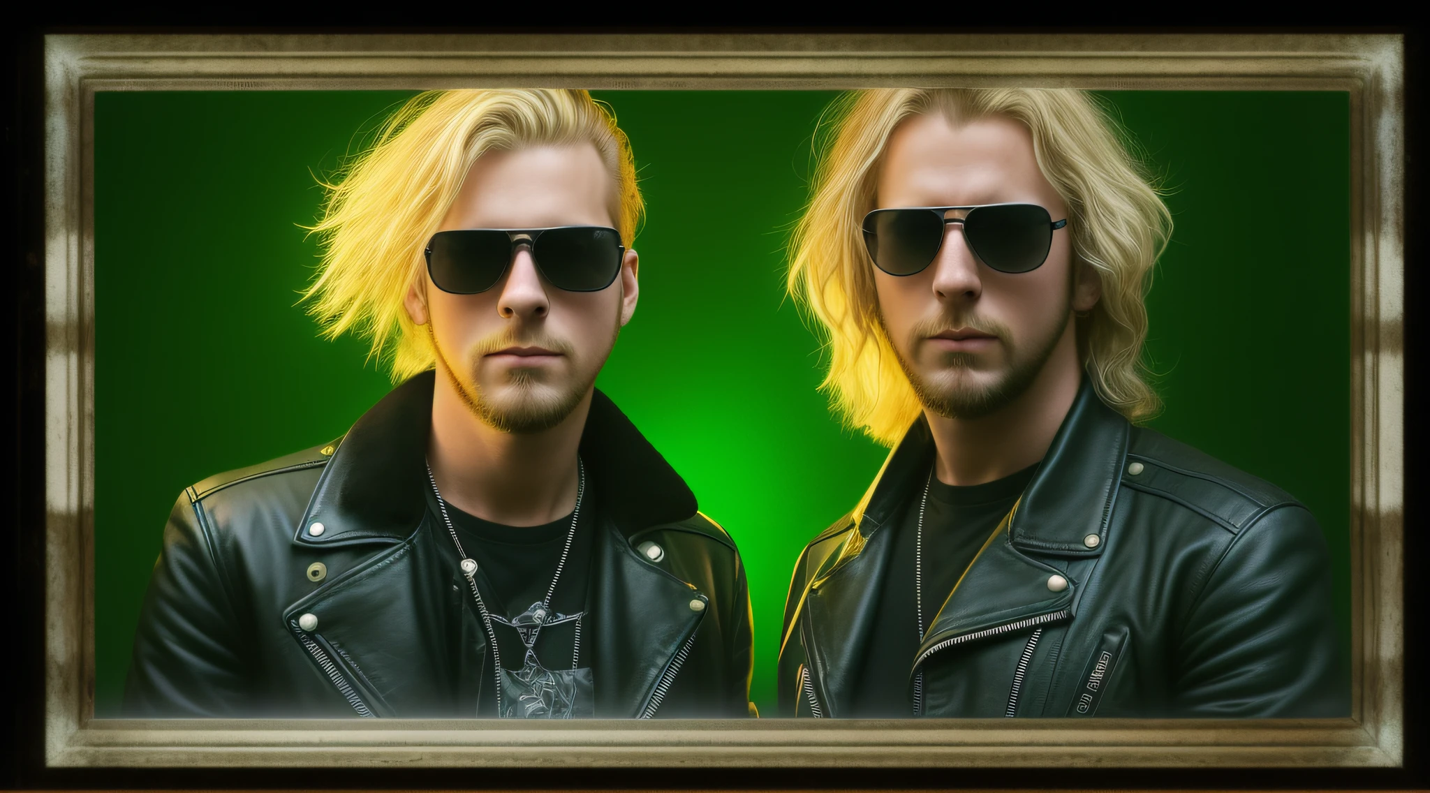 3 BLONDE BOYS LONG HAIRED, in black leather jackets and sunglasses, HALF BODY, SOFT GREEN BACKGROUND LIGHTS, posing for a photo, high quality photo, very low quality image, heavy rock band promotional photo, phosphorescent, heavy metal band promo, photo of a promotional session, very high quality, war photo, the scooter (EDM band, sinister vibe, the name of the band is Roborock