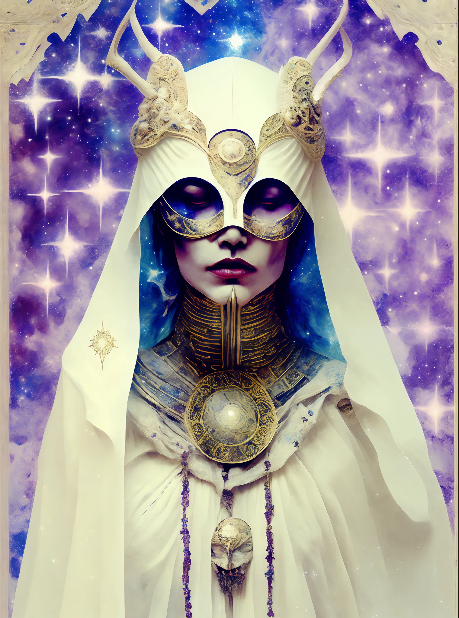 a stern otherworldly ancient god in a storm at night, draped in a cloak of stars, [[Sophia Ann Caruso]], [Zendaya], a masquerade mask of eerie horror made of translucent ivory, erotic pose, closed eyes, cinematic lighting, (by (Daniel Mernagh) (Carne Griffiths) Monika Nowak), very detailed, detailed face, soft body, alien