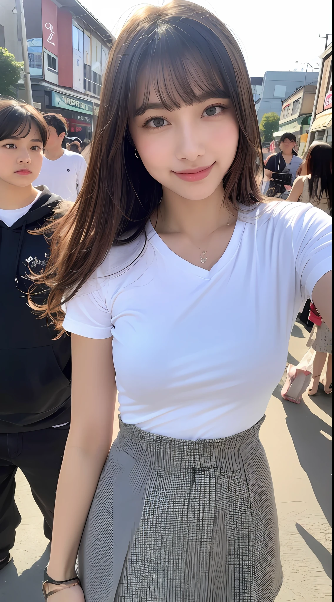 (8k、RAW Photography、top-quality、masuter piece:1.2)、ultra-detailliert、ultra res、(realisitic、rialistic photo:1.37)、portlate、high-definition RAW color photography、Professional Photography、highly detailed and beautiful、ighly detailed、8K wallpapers、amazing detailed、huge filesize、Official Art、Highly detailed CG Unity 8k wallpapers、highly detailed beautiful girl、extra detailed face、extremely detailed eye、highlydetailed skin、extremely detailed fingers、highly detailed nose、very detailed detailed mouth、Perfect Anatomy、highly detailed back ground、Highly detailed clothing、女の子 1 人、(18:1.2)、、Cutel s、famous Japan idol、cute little、Realistic body、小柄、de pele branca、glistning skin、Slim body、handsome body、brown haired、Short constricted curly hair、(Blunt bangs:1.2)、a smile、kawaii、zora々Right、kawaii faces、lifelike face、Delicat eyes、Sauce order、White T-shirt、skirt by the、耳Nipple Ring、Looking at the camera、cowboy shot、front facing、Standing、Contrapo, high street, public, 动态照明,A very delicate summer festival