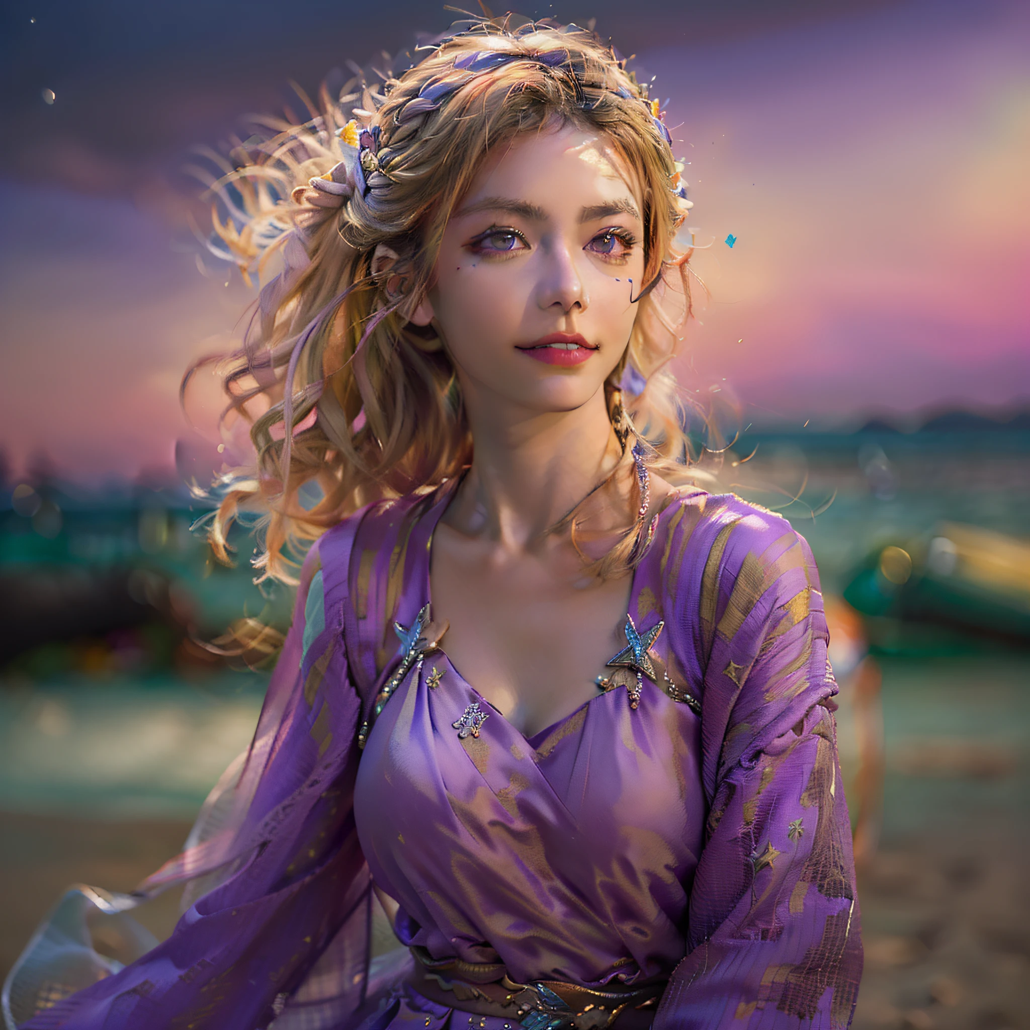 (Elegant evening dress:1.5,very detailed eyes and faces, portraitures,Neck up:1.3, Night's, beachside,neonlight,french braid,Blonde hair,Star-shaped pupils:1.2,Purple eyes,ssmile:0.8,Chiaroscuro,hyper photorealism, Mannerism:0.6,ultra HD picture quality, Best image quality,super detailing,high definition resolution:1.2,high qulity,Textured skin:1.3)